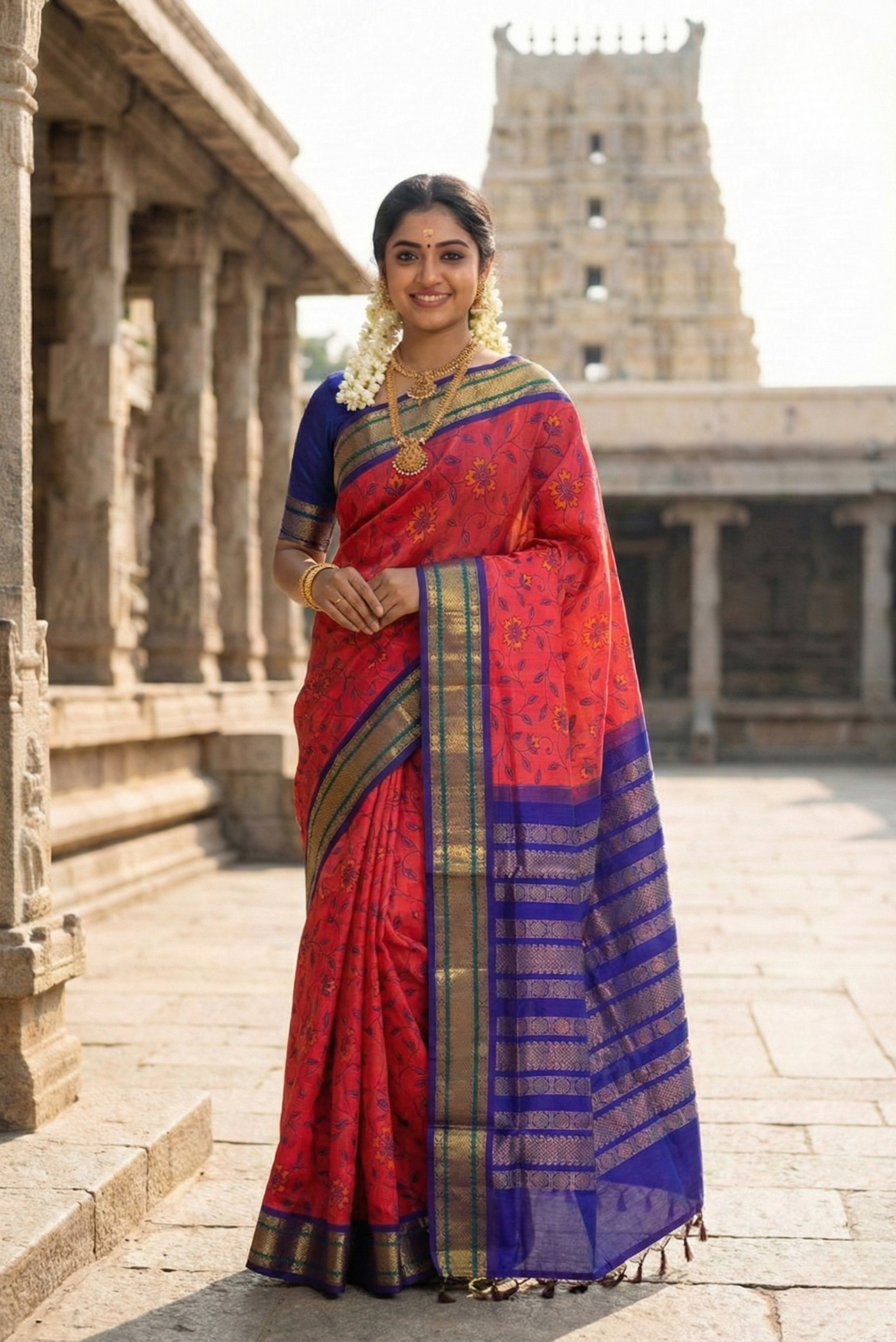 Pink Korvai Silk Cotton Saree With Kalamkari Pattern
