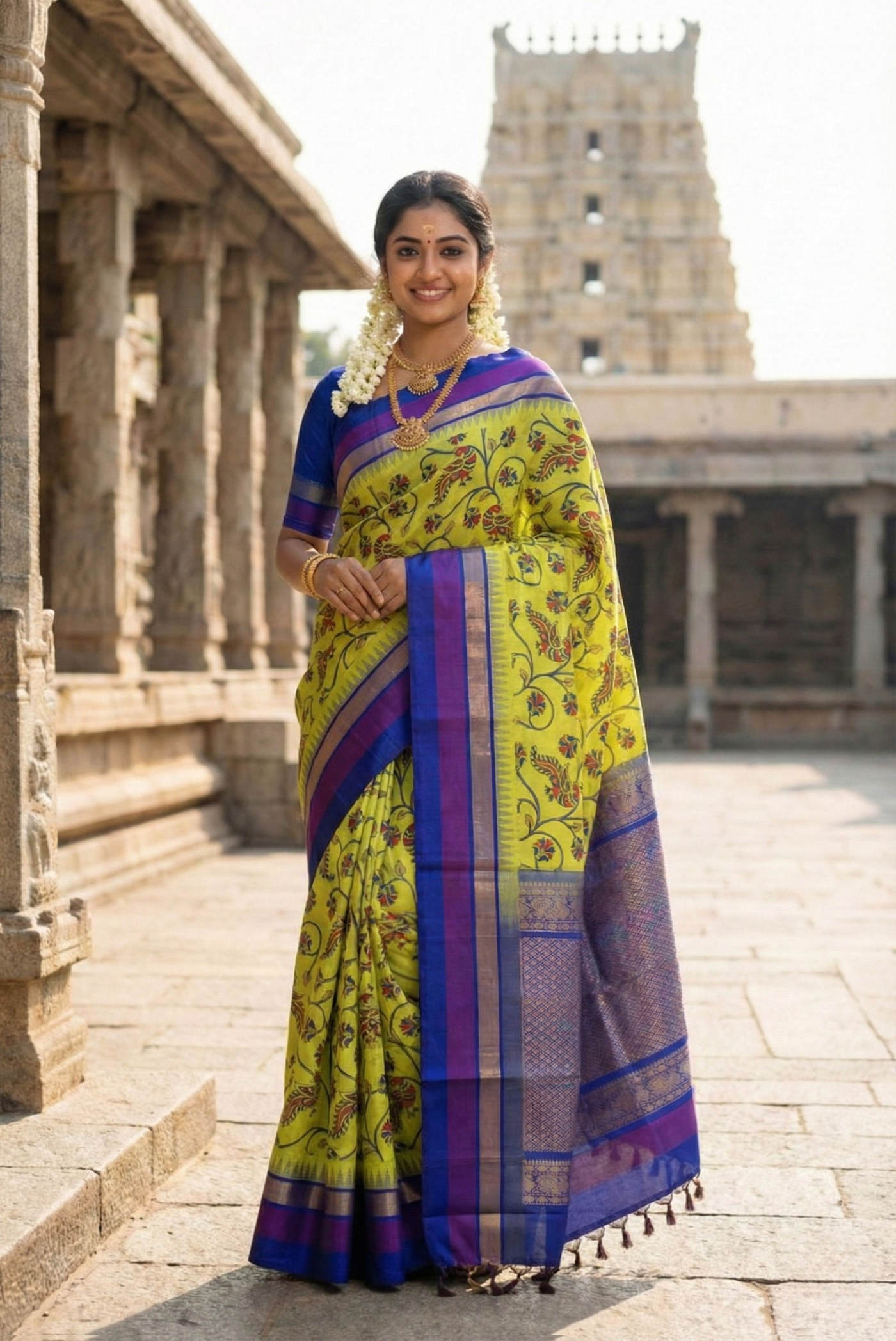 Lime Green Kalamkari Saree With Kalamkari Pattern
