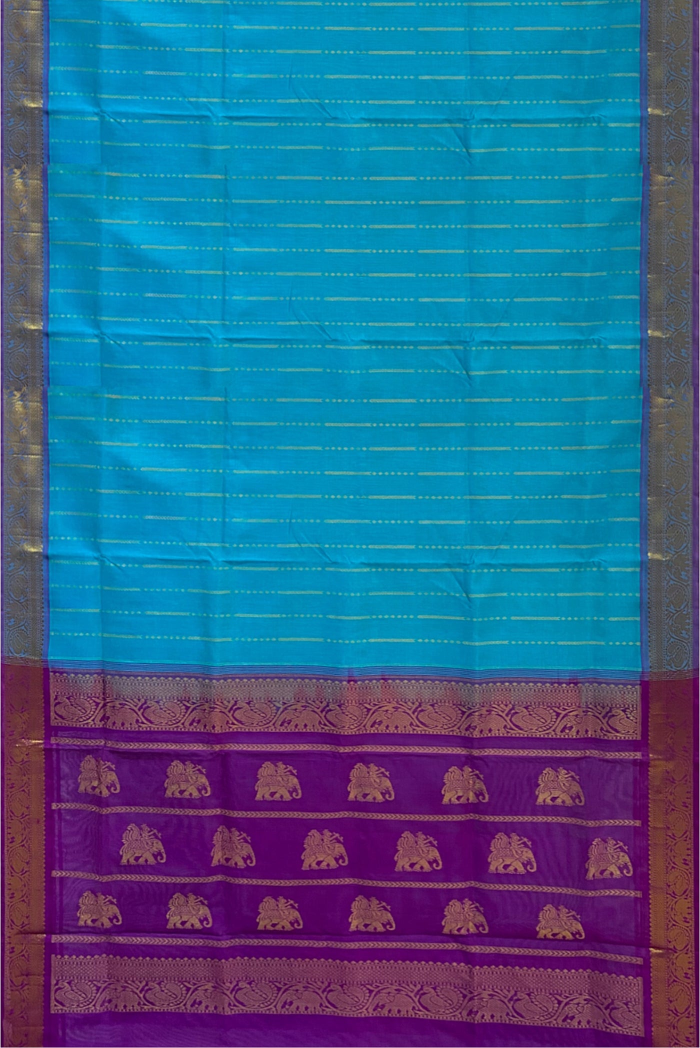 Sea Blue Silk Cotton Saree With Stripes Pattern