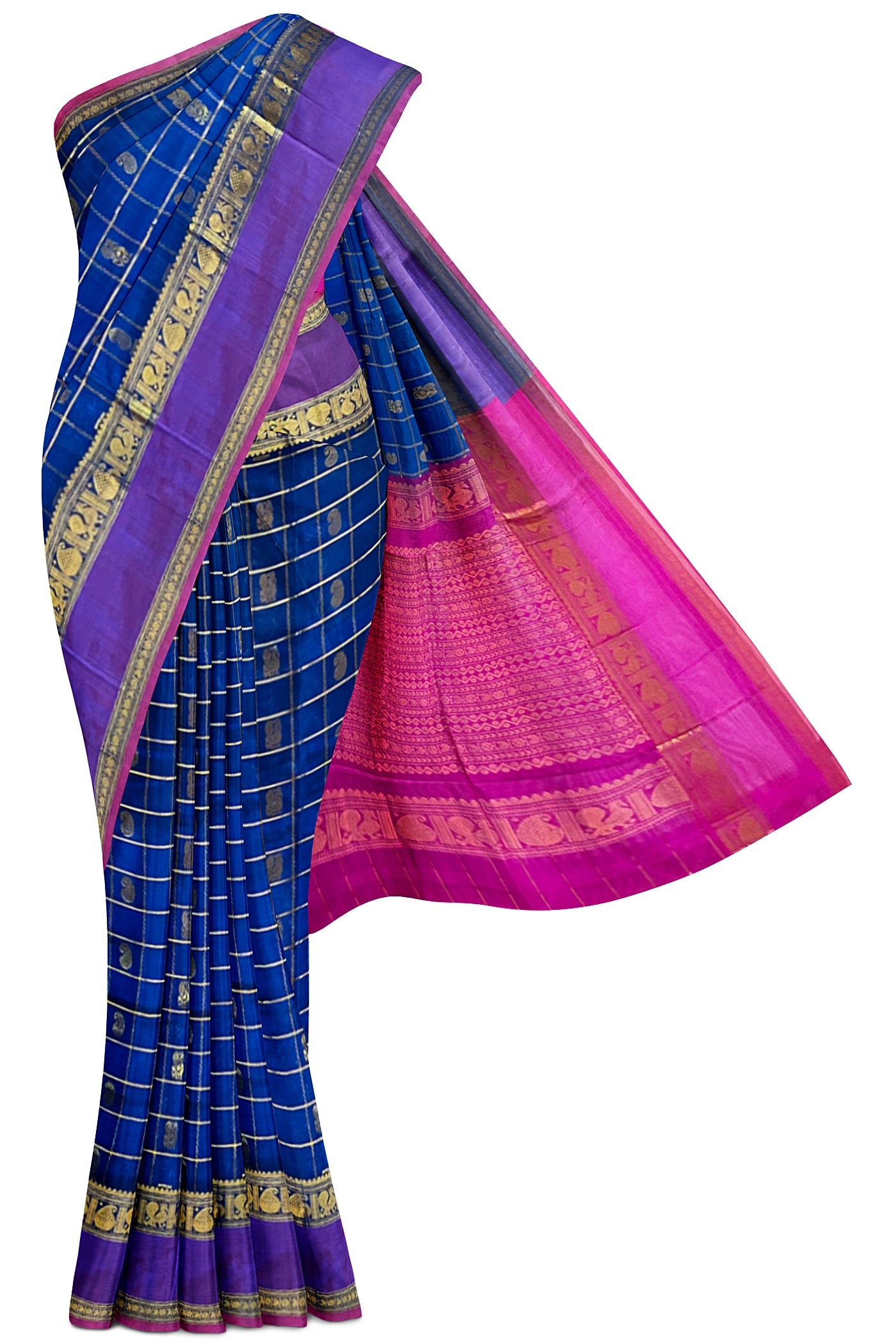 Sapphire Blue Checked Saree With Zari Buttas Pattern