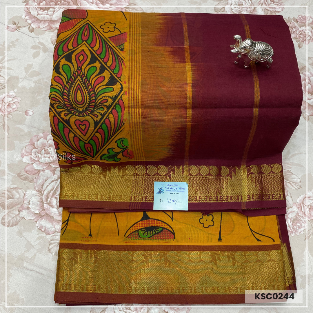 Mustard Yellow & Brown Kalamkari Pure Kanchipuram Silk Cotton Saree