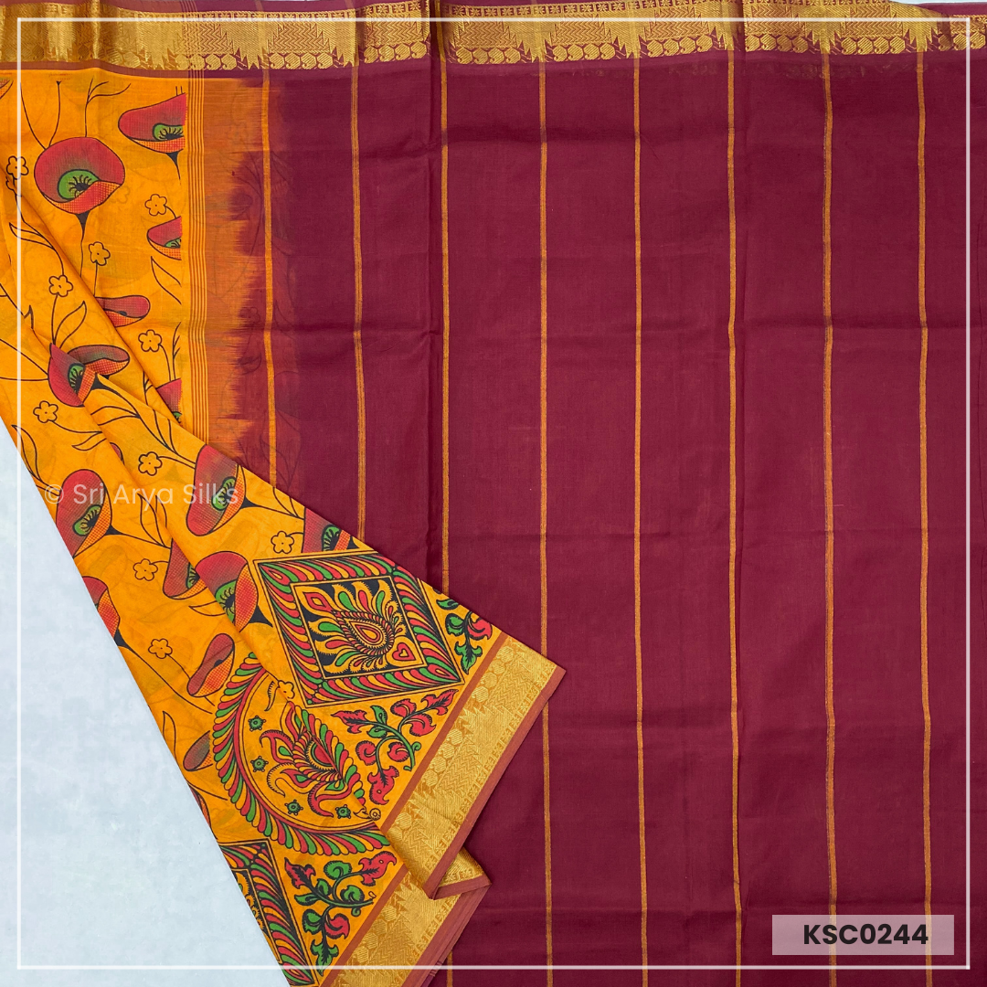 Mustard Yellow & Brown Kalamkari Pure Kanchipuram Silk Cotton Saree