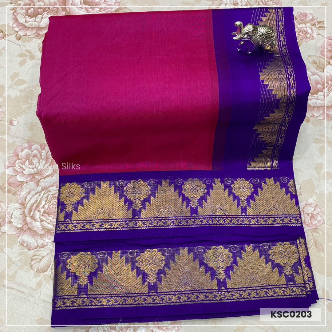 Pink & Blue Pure Kanchipuram Silk Cotton Saree