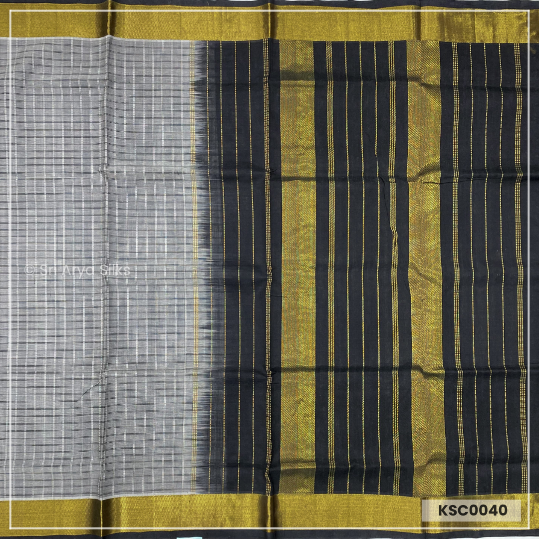 Grey & Black Checked Kanchipuram Silk Cotton Sareee