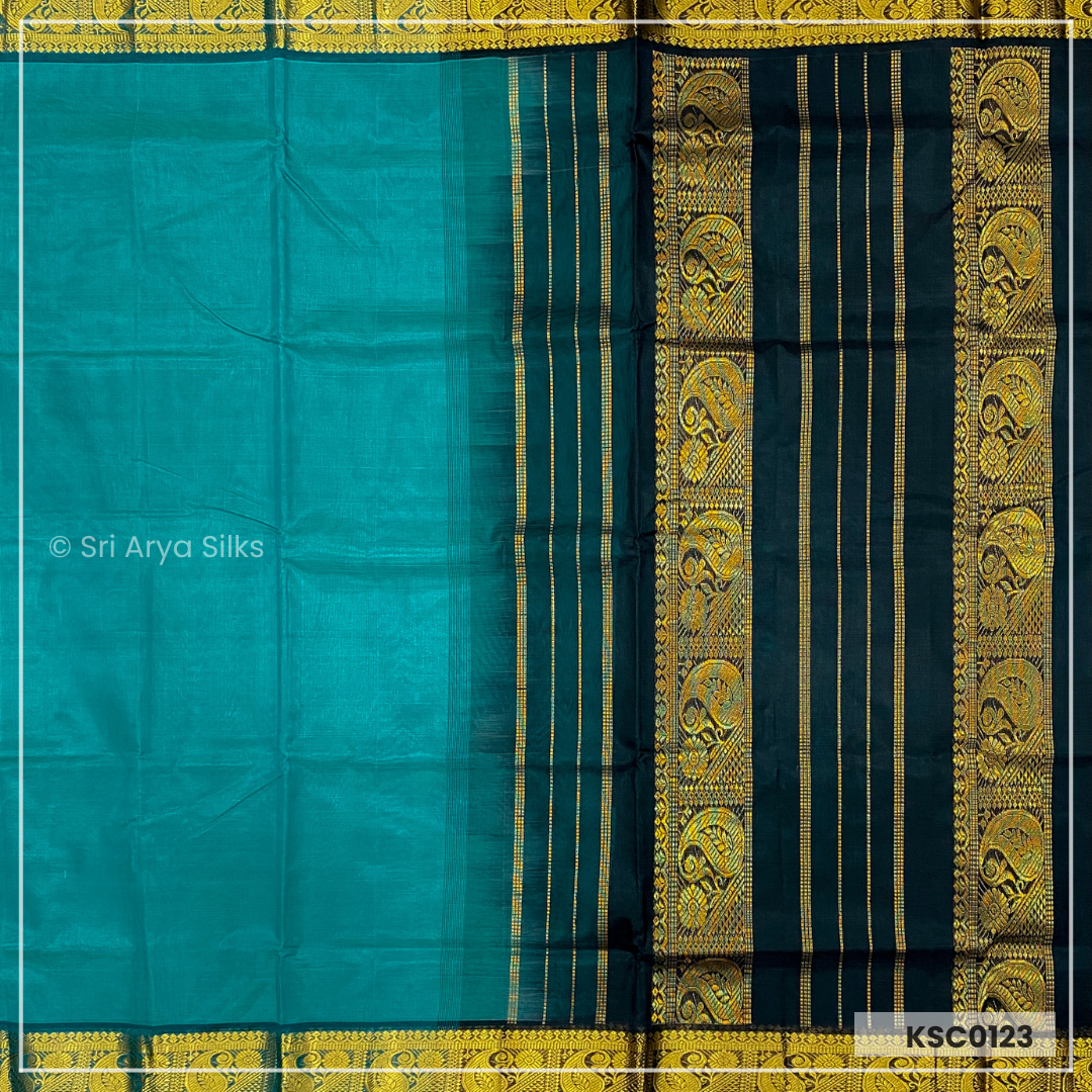 Turquoise & Black Kanchipuram Silk Cotton Saree