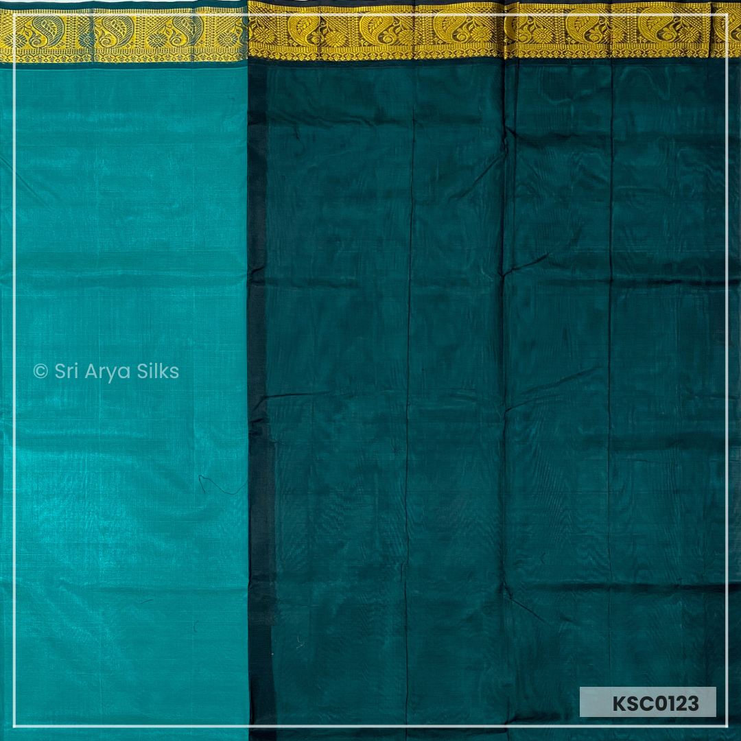 Turquoise & Black Kanchipuram Silk Cotton Saree