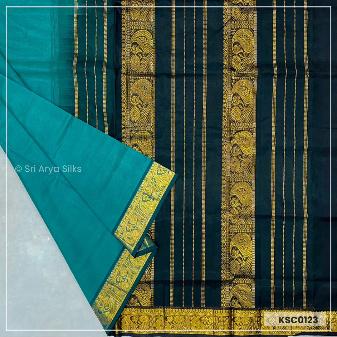 Turquoise & Black Kanchipuram Silk Cotton Saree