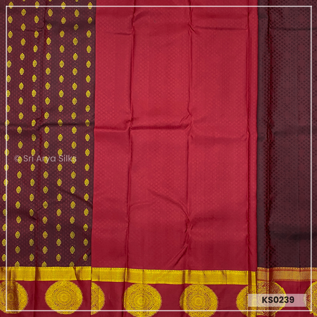 Coke Maroon Brocade Silk Saree With Maroon Blouse & Embossed Pattern