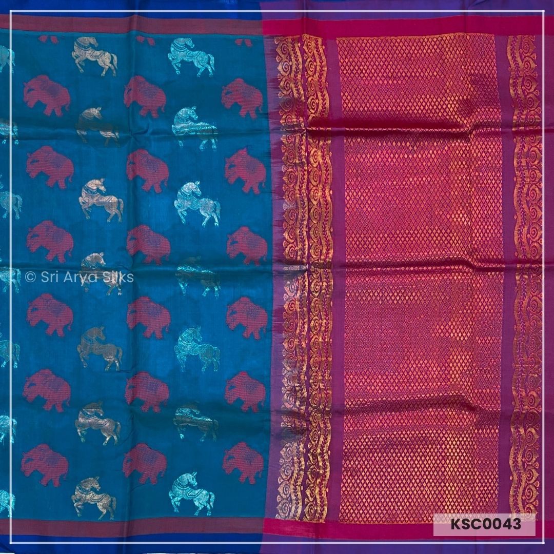 Blue & Pink Kanchipuram Silk Cotton Saree