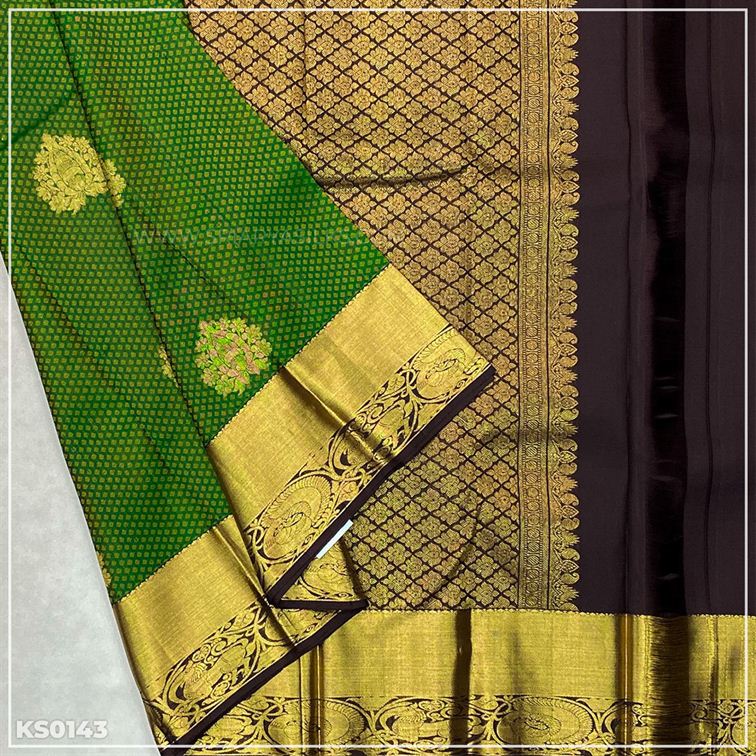 Green Snuf Kanchivaram Brocade Silk Saree from Sri Arya Silks, Chennai