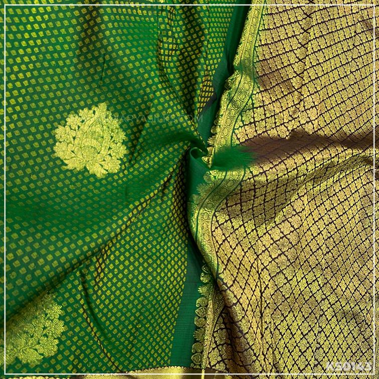 Green Snuf Kanchivaram Brocade Silk Saree from Sri Arya Silks, Chennai