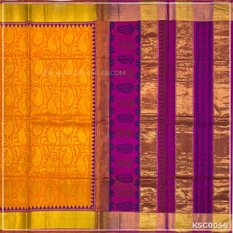 Orange Pure Kanchivaram Handwoven Printed Silk Cotton Saree from Sri Arya Silks, Chennai