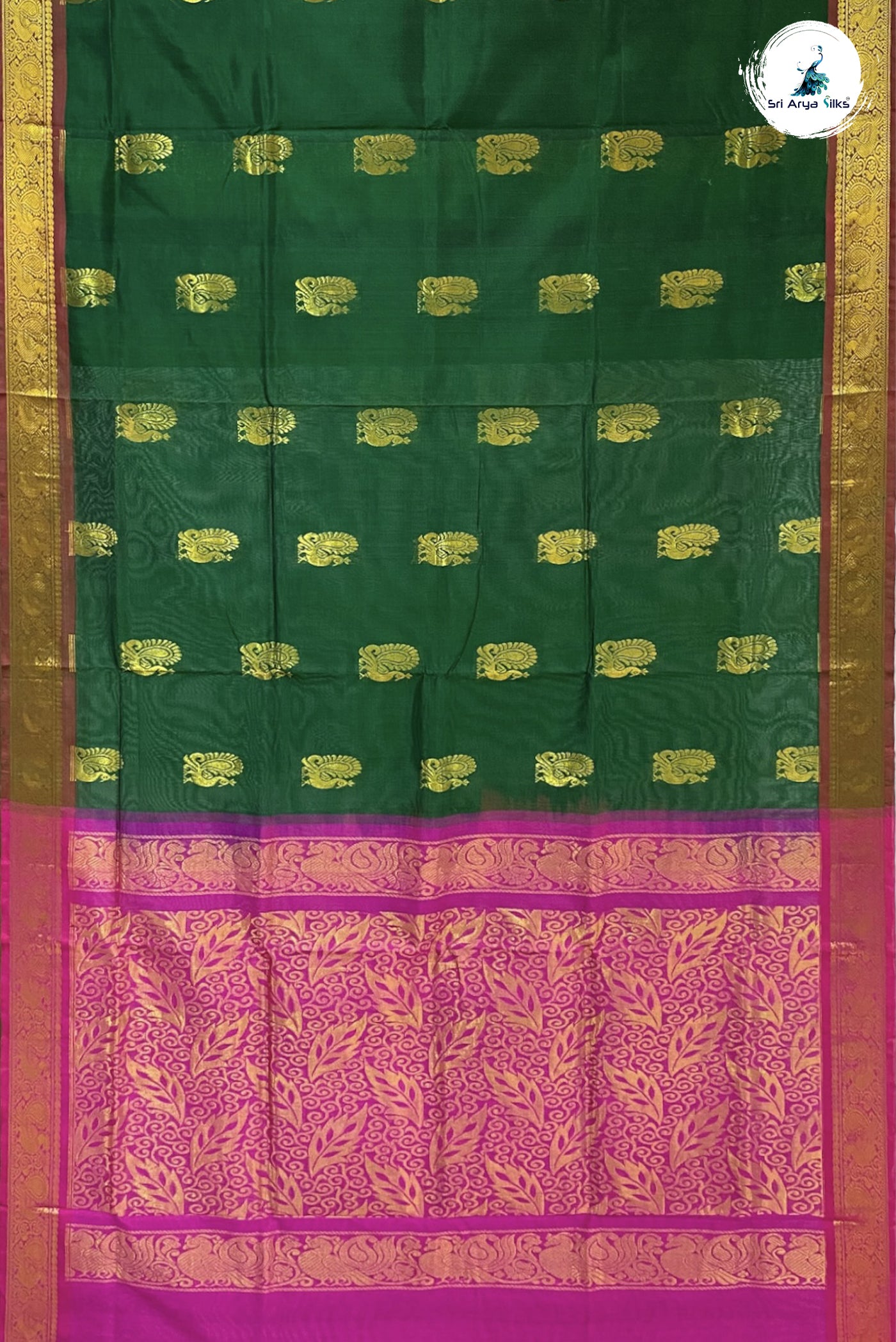 Bottle Green Silk Cotton Saree With Zari Buttas Pattern