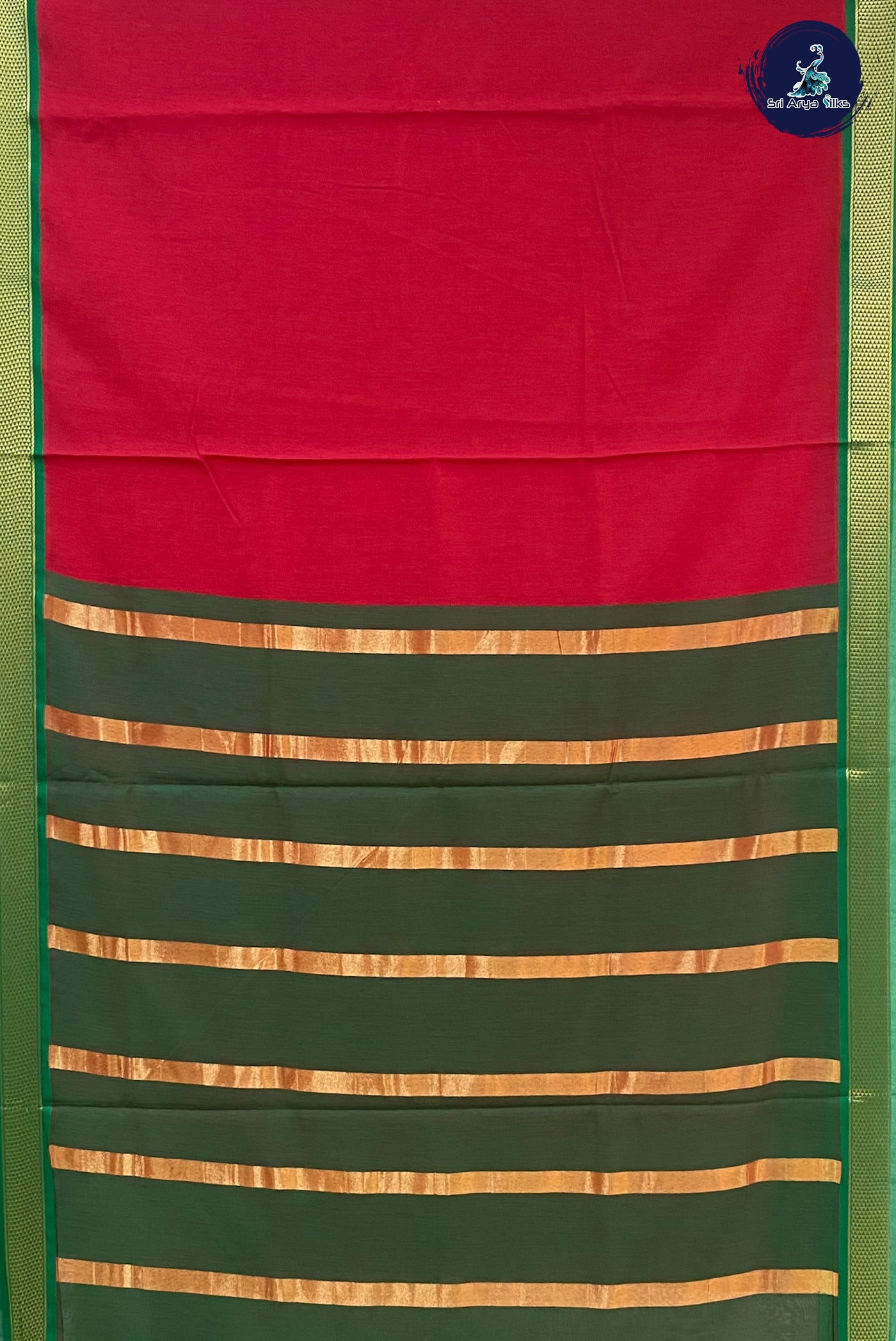 Red Madisar Semi Silk Cotton Saree With Plain Pattern