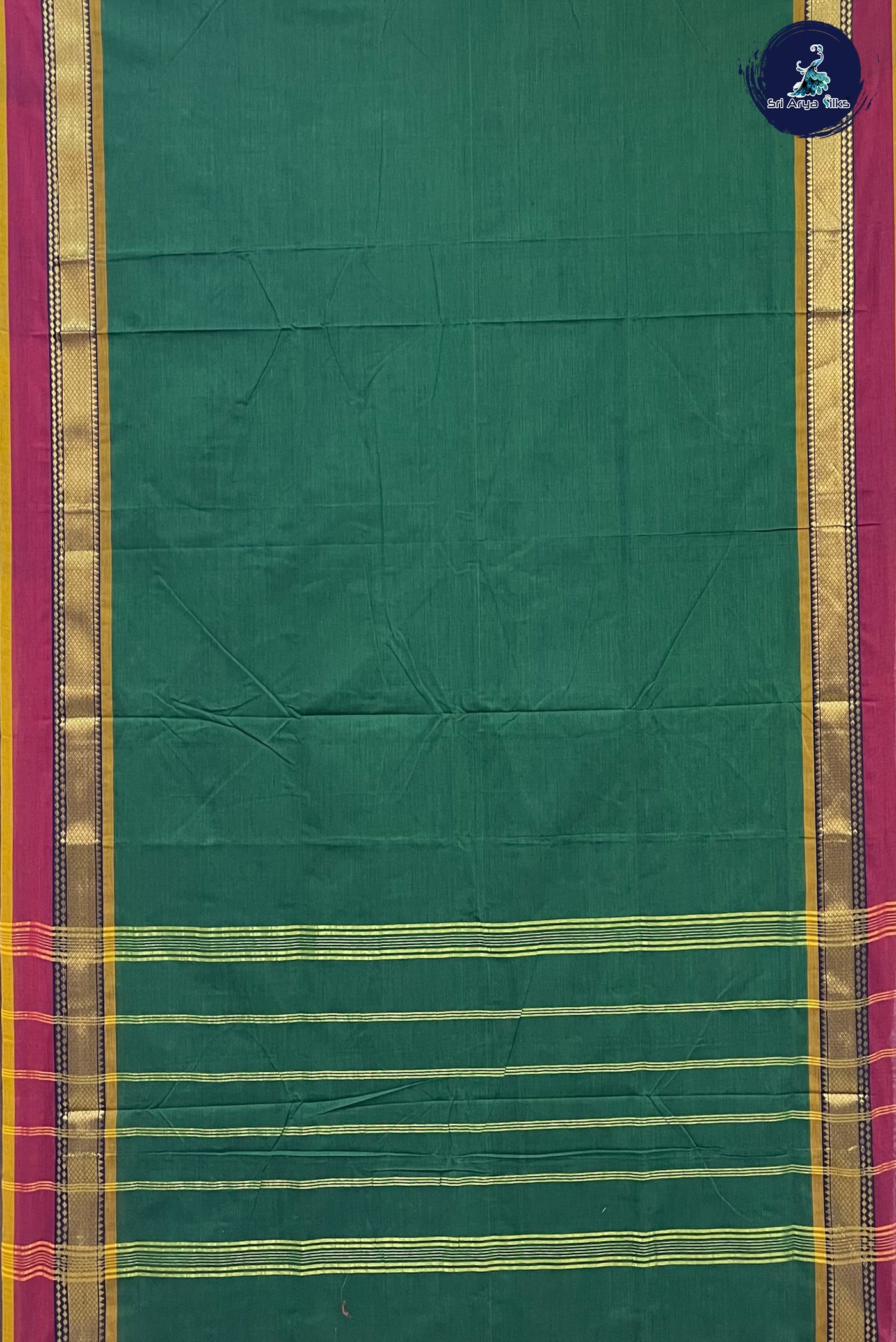 Dark Green Madisar Cotton Saree With Plain Pattern