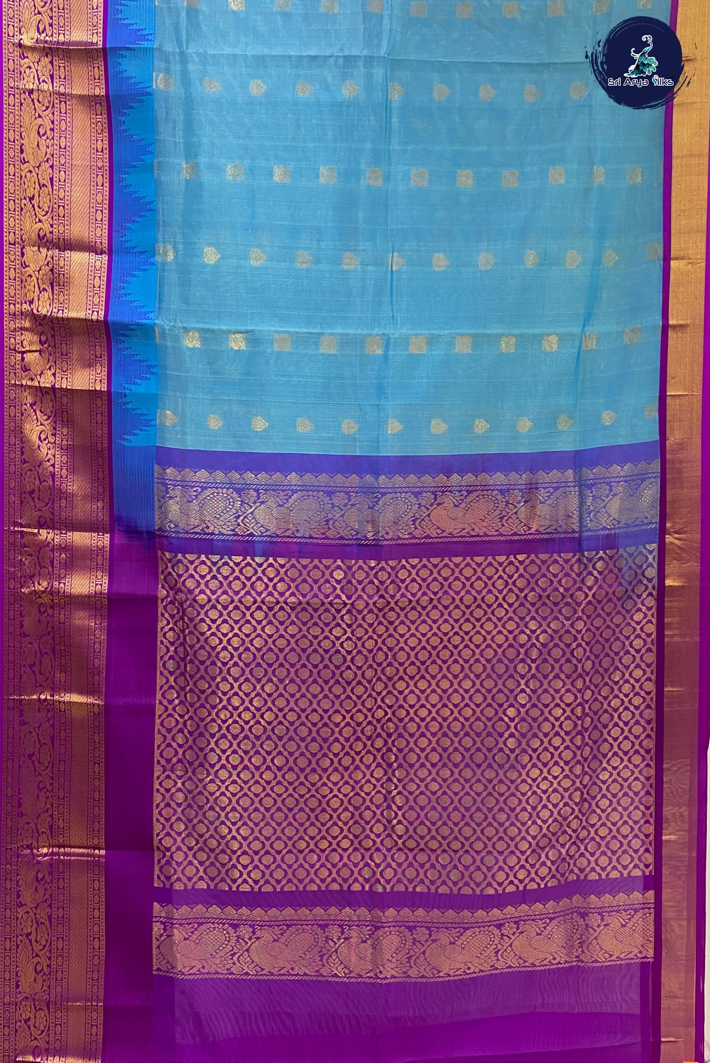 Light Blue Korvai Silk Cotton Saree With Zari Buttas Pattern