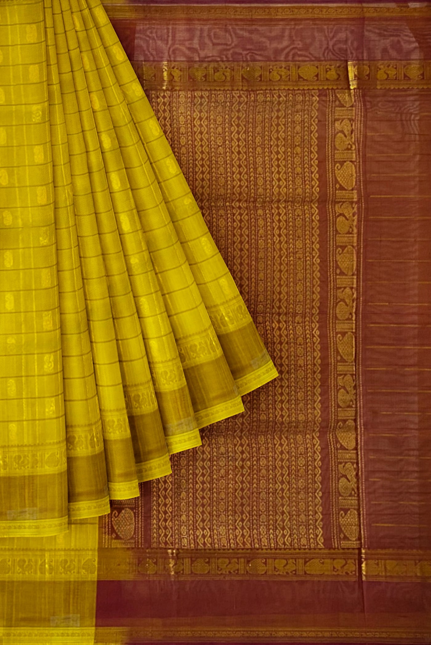 Mustard Yellow Checked Saree With Zari Buttas Pattern