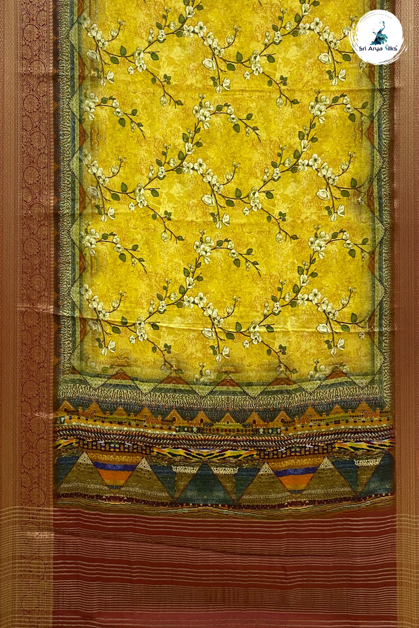 Yellow and Maroon Semi Dola saree