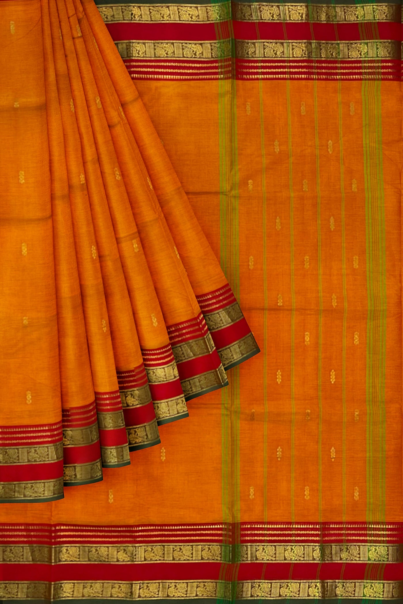 Lite Mustard Orange Cotton Saree With Zari Buttas Pattern
