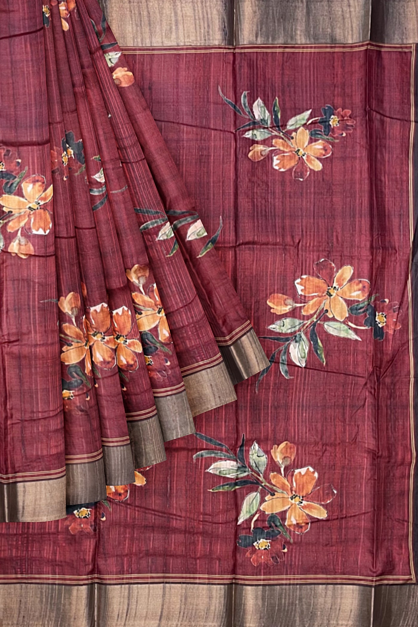 Maroon Office Wear Saree With Floral Pattern