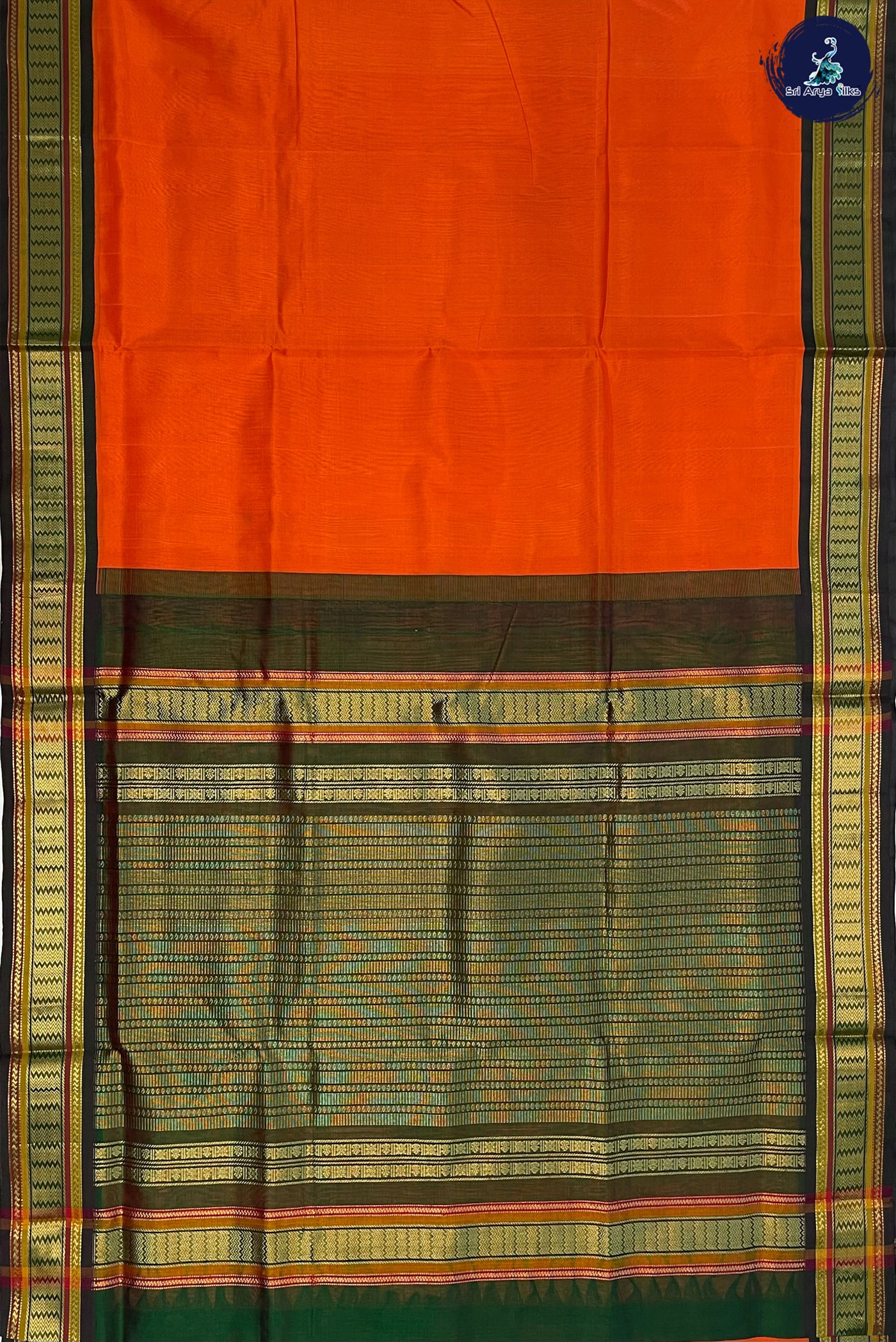 Orange Korvai Silk Cotton Saree With Plain Pattern
