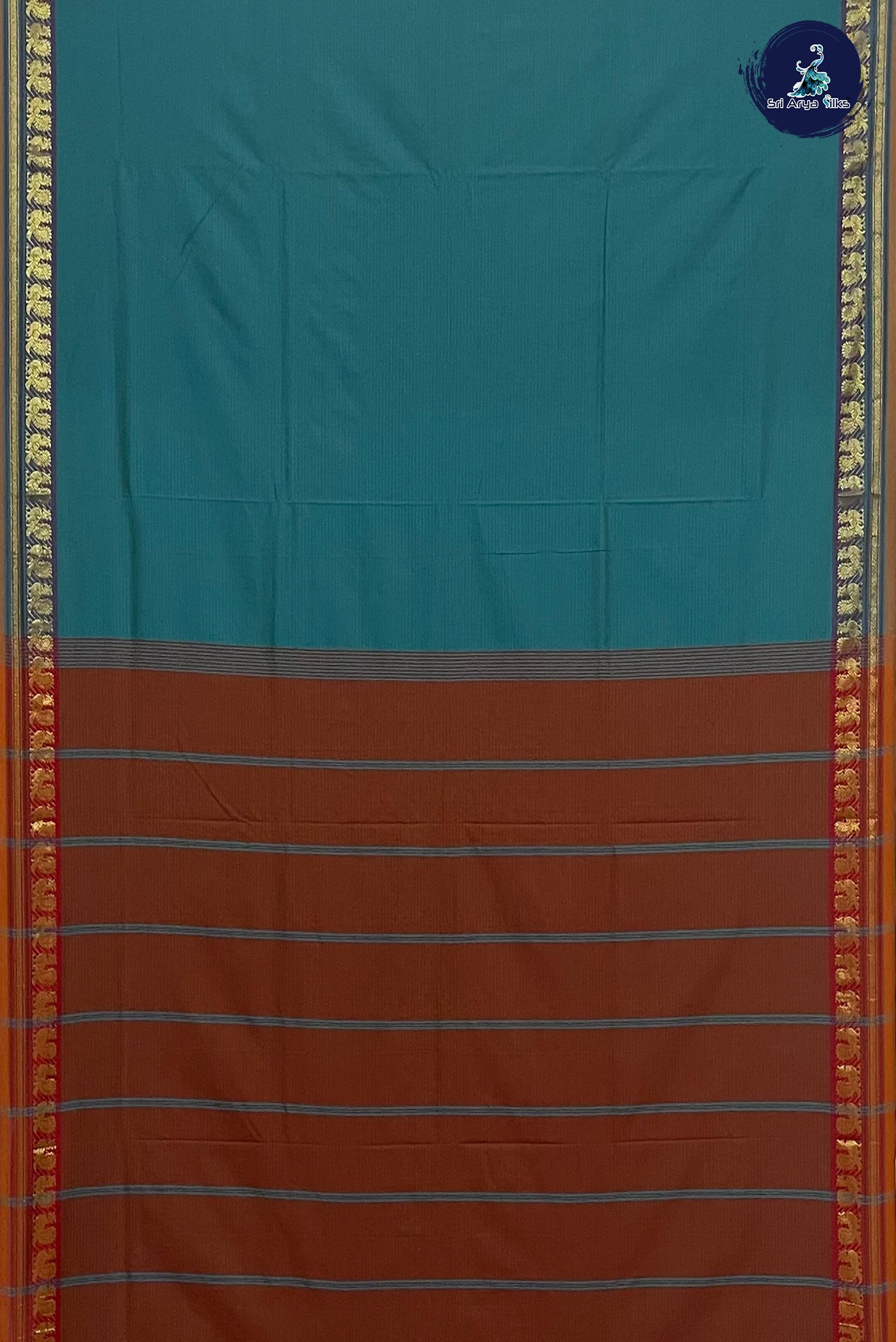 Dual Tone Turquoise Madisar Semi Silk Cotton Saree With Stripes Pattern