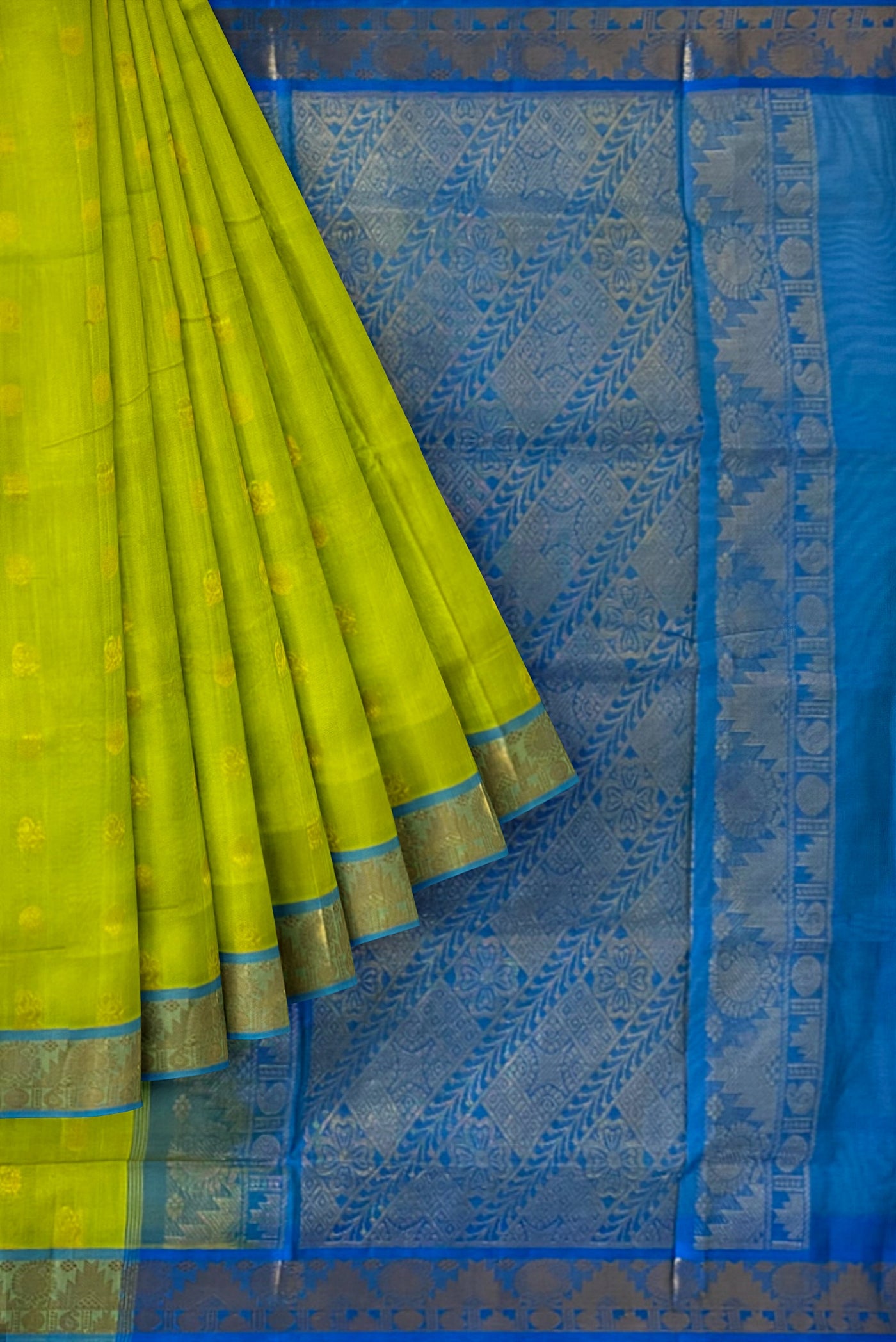 Lime Green Silk Cotton Saree With Zari Buttas Pattern