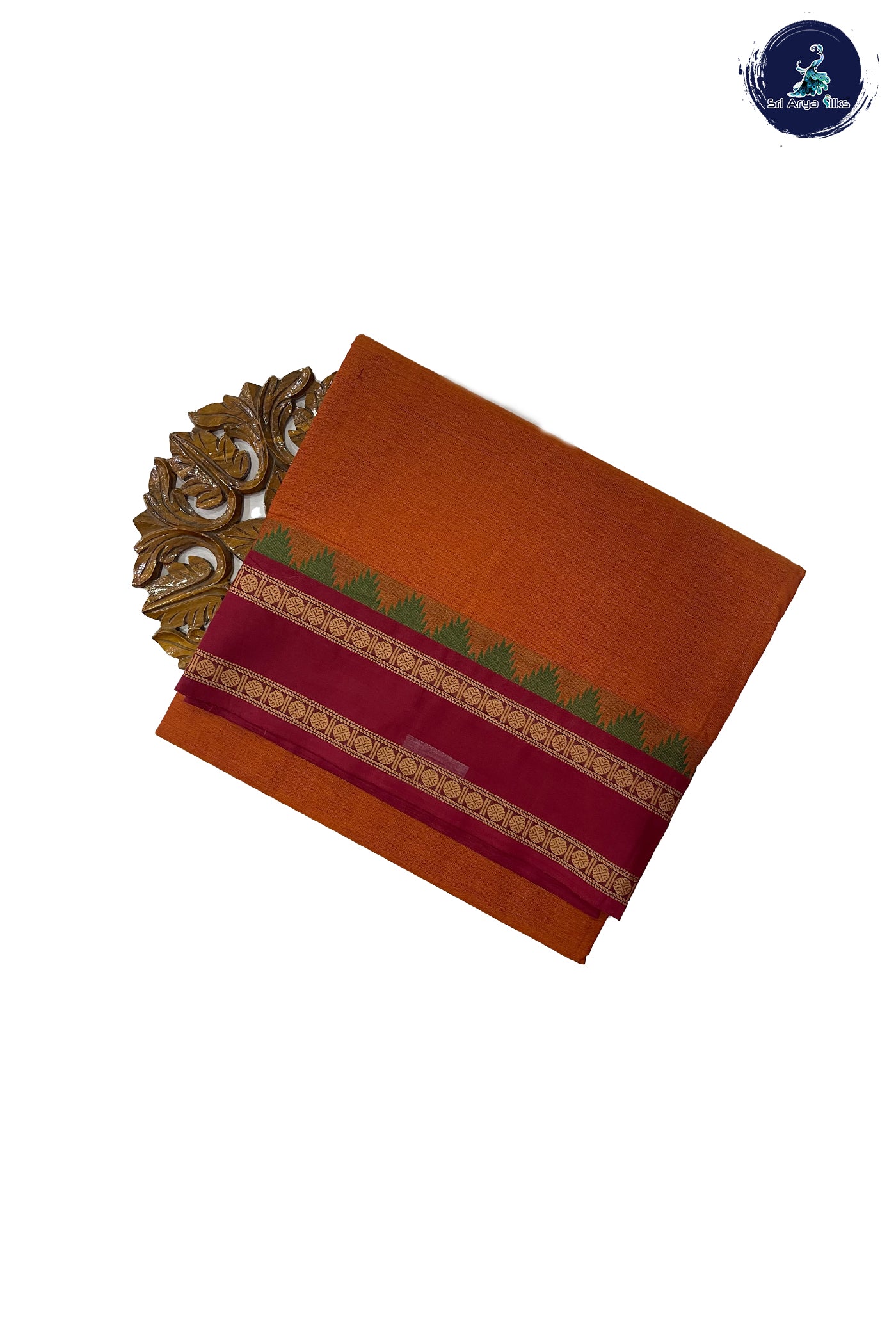 Burnt Orange Madisar Cotton Saree With Plain Pattern