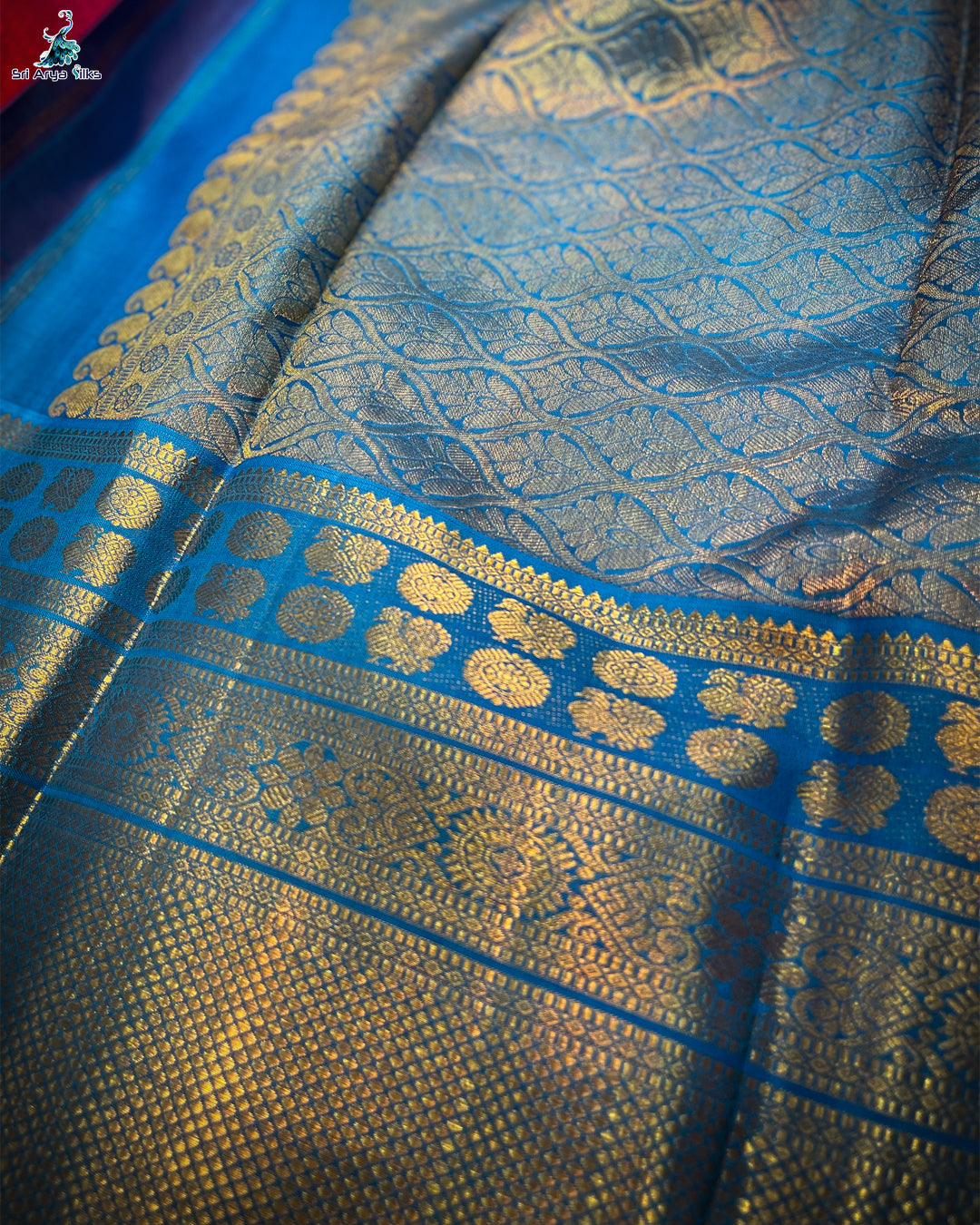 Pink Korvai Contrast Silk Saree With Copper Sulphate Blue Blouse & Buttas Pattern