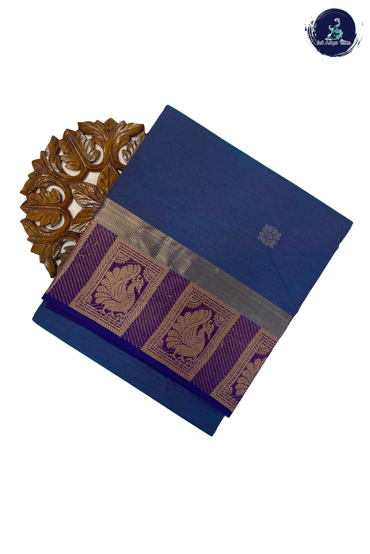 Peacock Blue Cotton Saree With Buttas Pattern