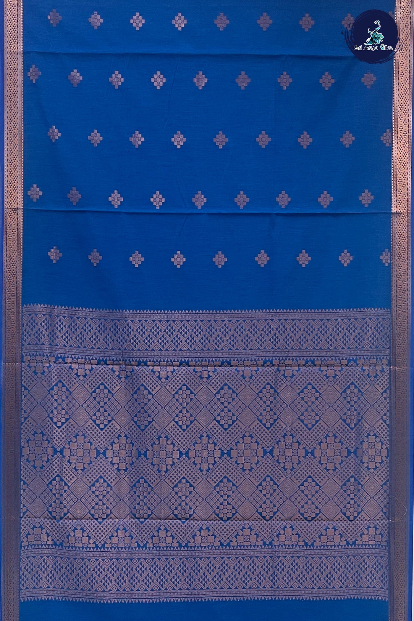 Sapphire Blue Madisar Semi Silk Cotton Saree With Copper Zari Buttas Pattern