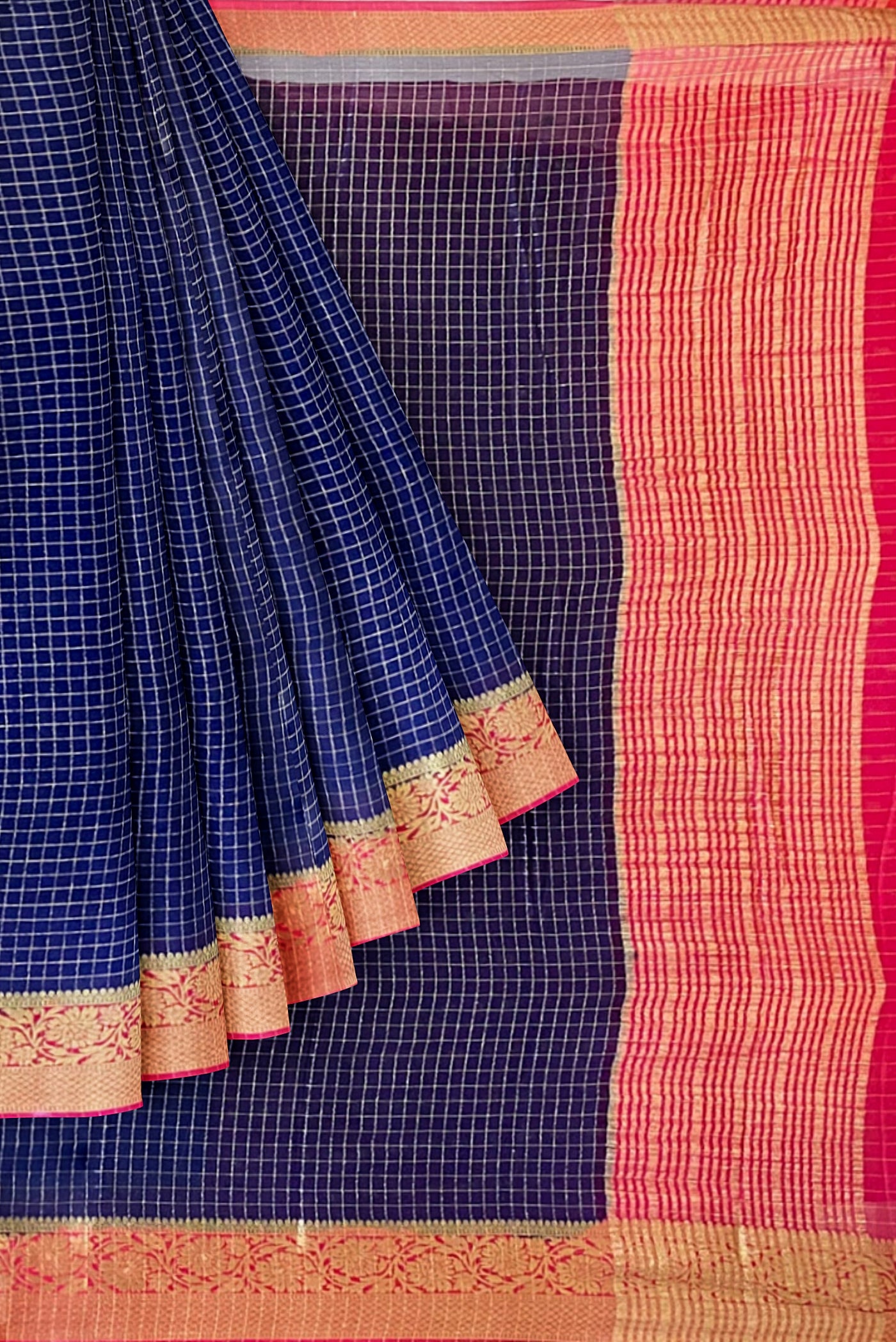 Dark Blue Georgette Banarasi Saree With Zari Checked Pattern