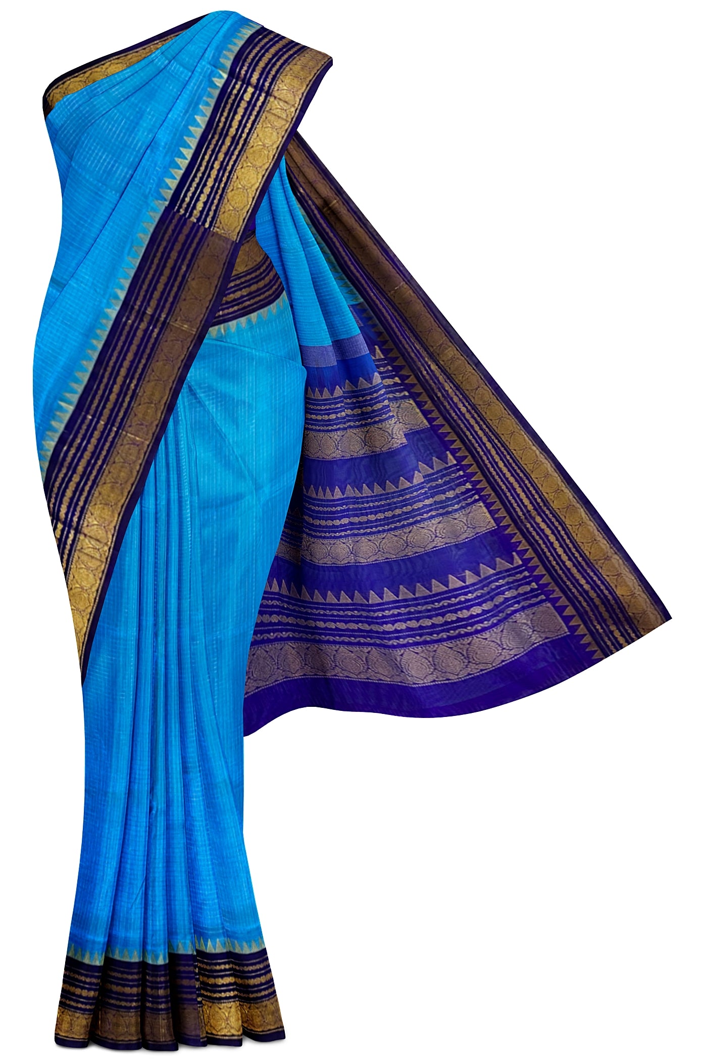Sky Blue Korvai Silk Cotton Saree With Zari Checked Pattern