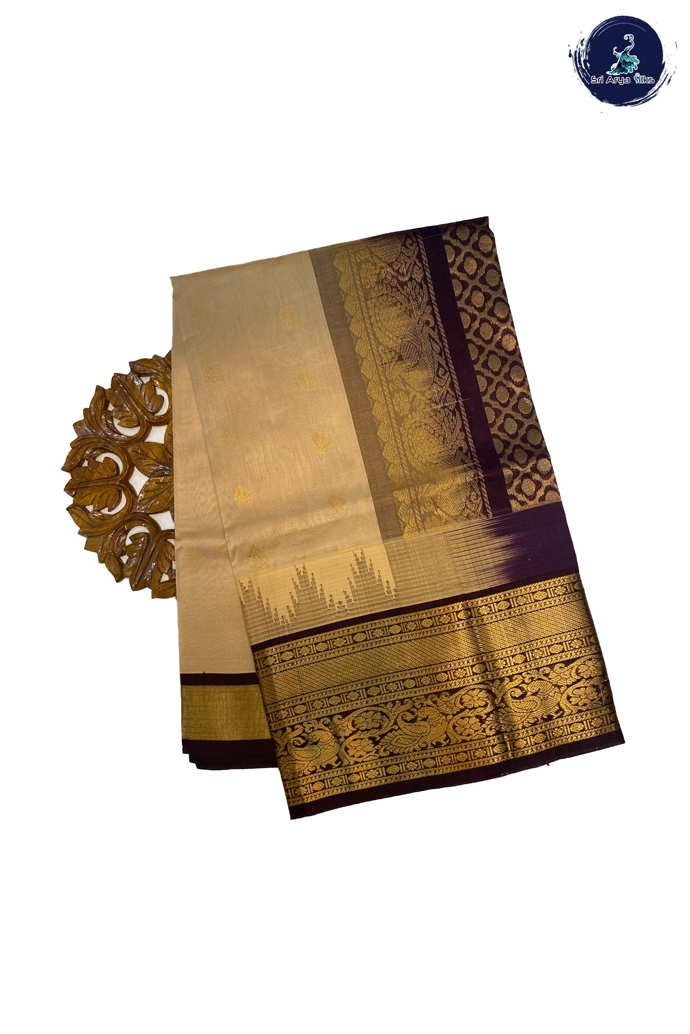 Biscuit Shade Korvai Silk Cotton Saree With Zari Buttas Pattern