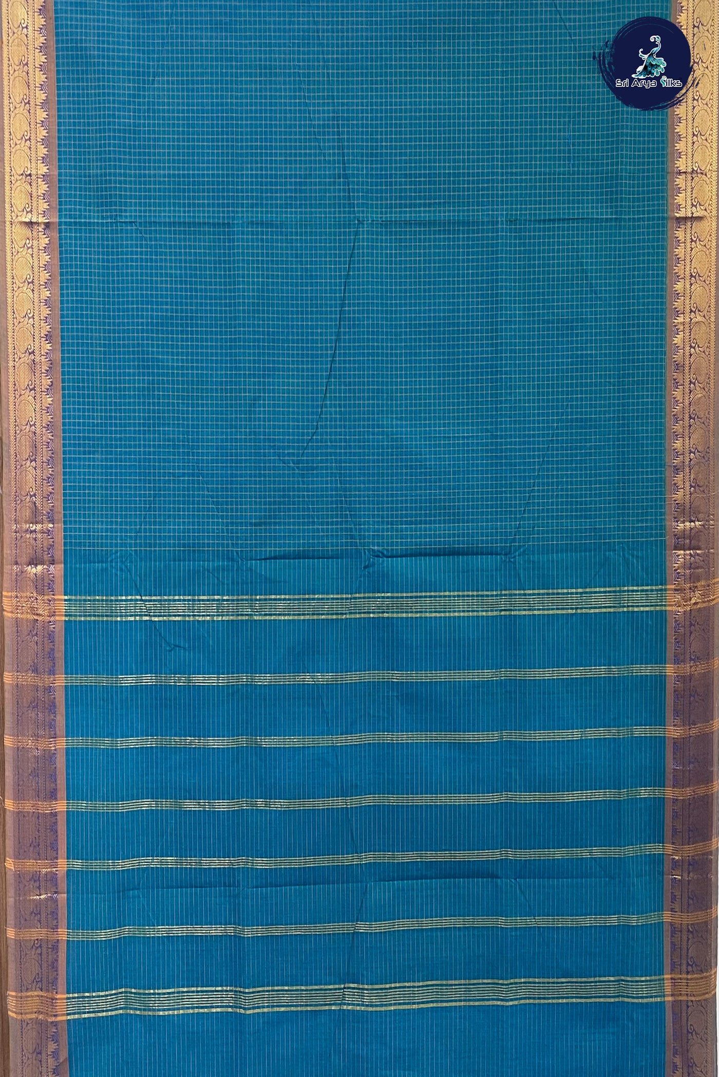 Peacock Blue Madisar Cotton Saree With Checked Pattern