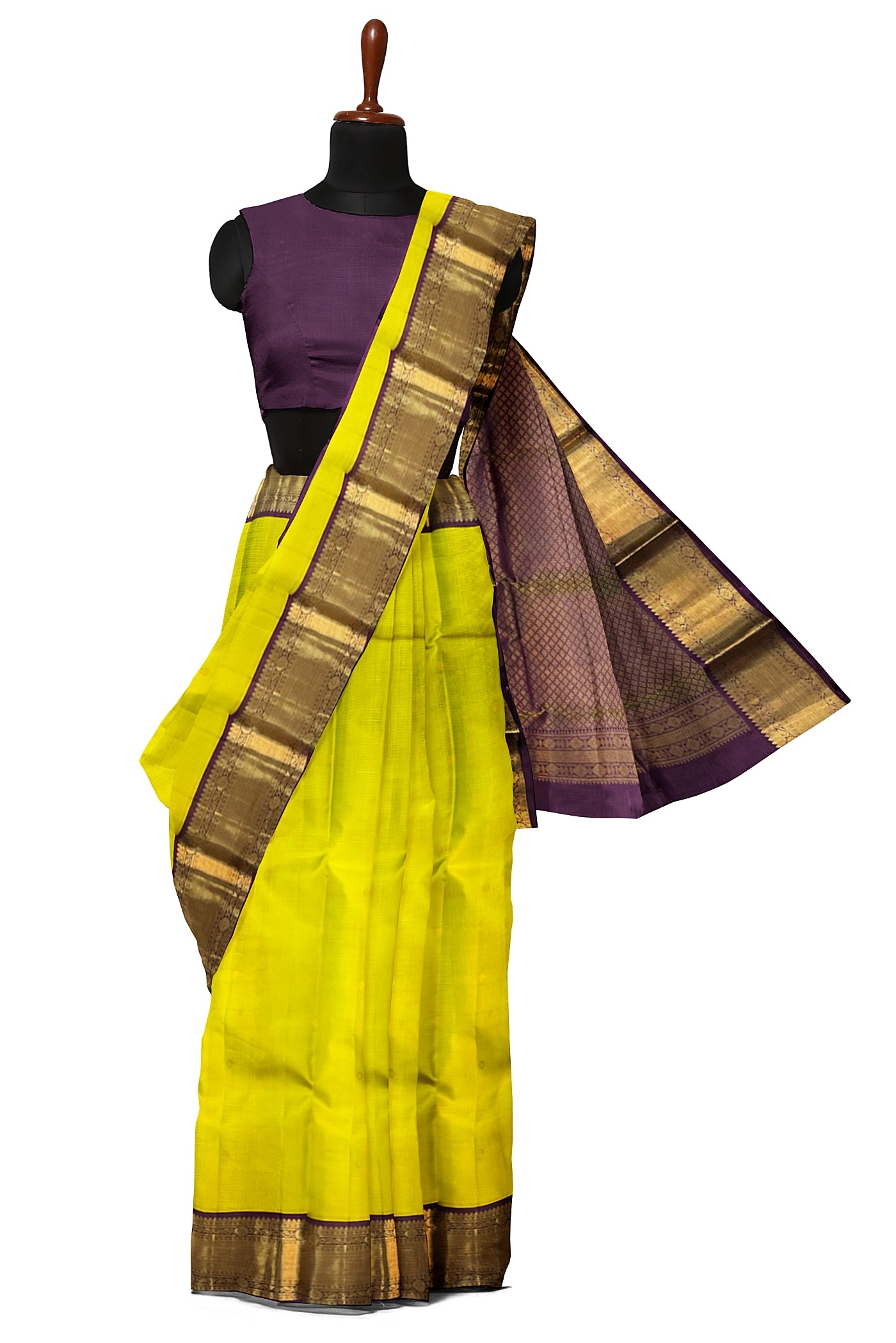 Lime Green Korvai Contrast Silk Saree With Buttas Pattern