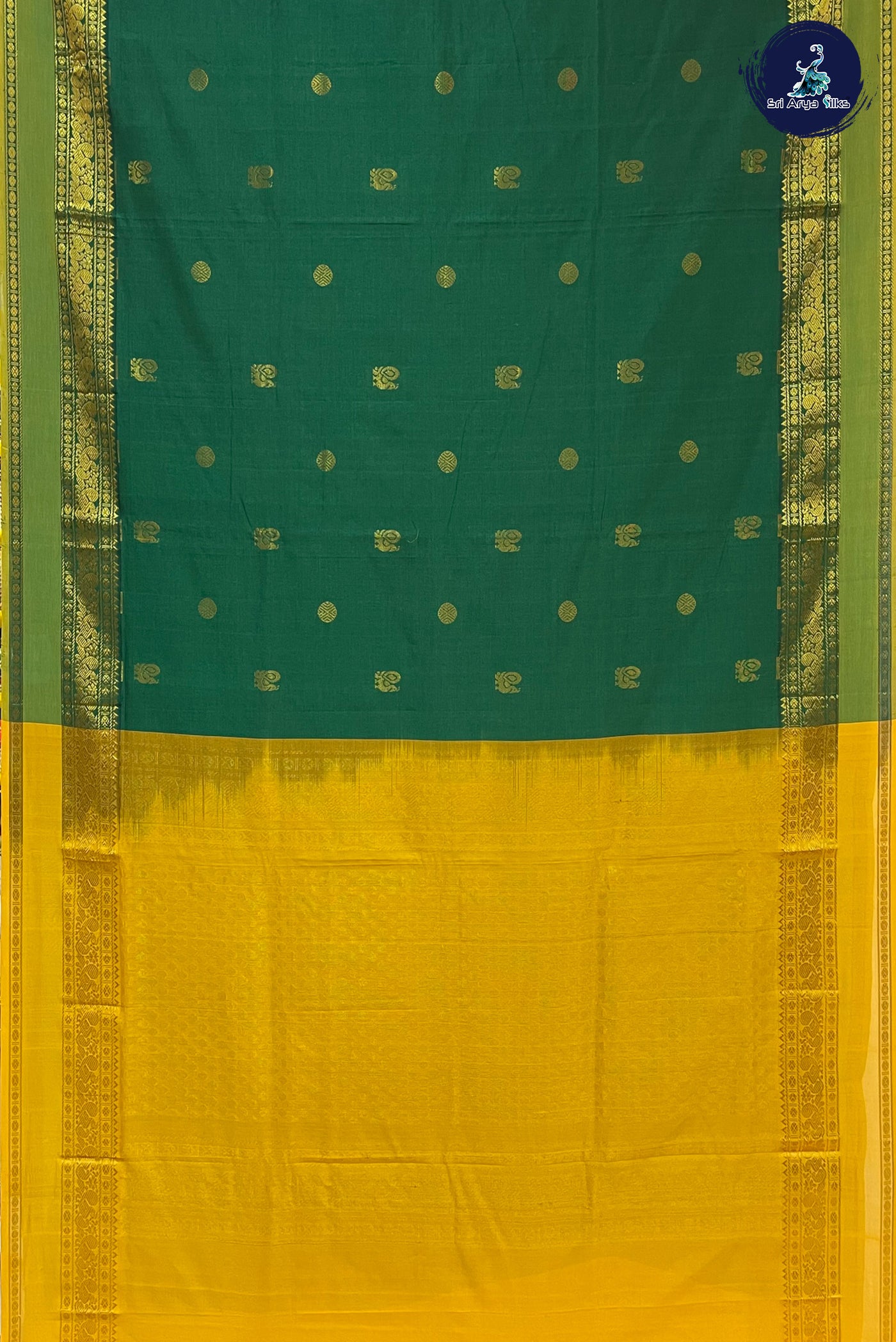 Dark Green Semi Silk Cotton Saree With Zari Buttas Pattern