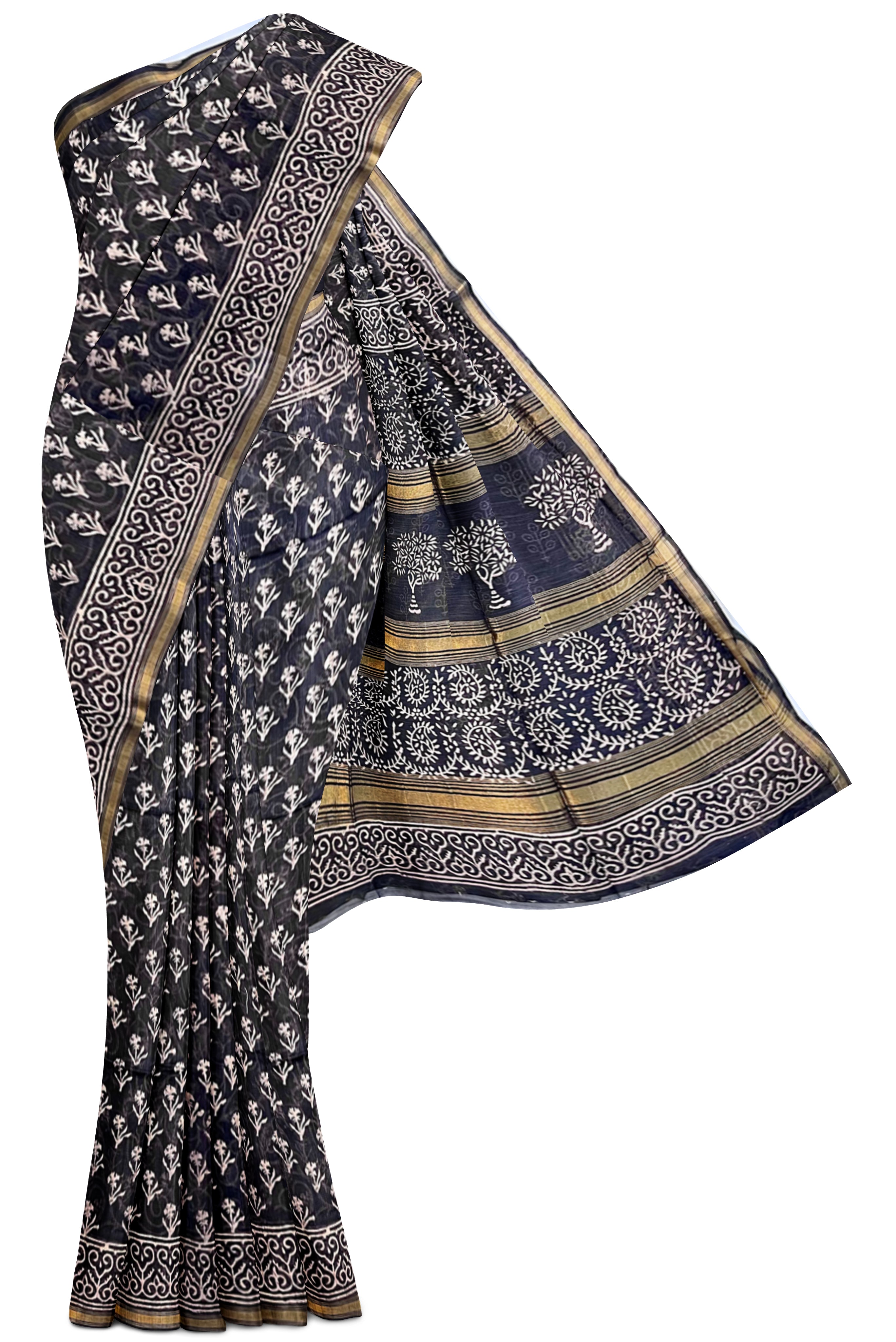 Black Chanderi Silk Cotton Saree With Ajrakh Print Pattern