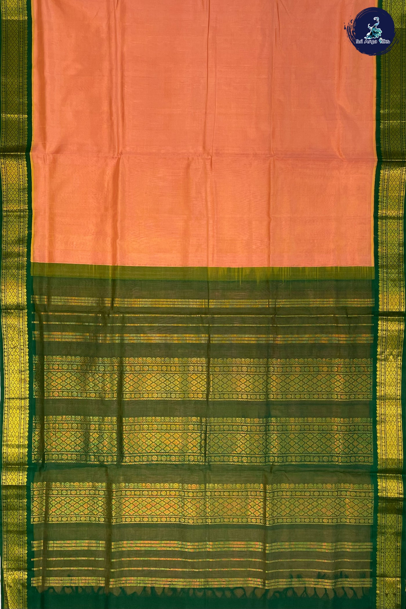 Peach Korvai Silk Cotton Saree With Plain Pattern