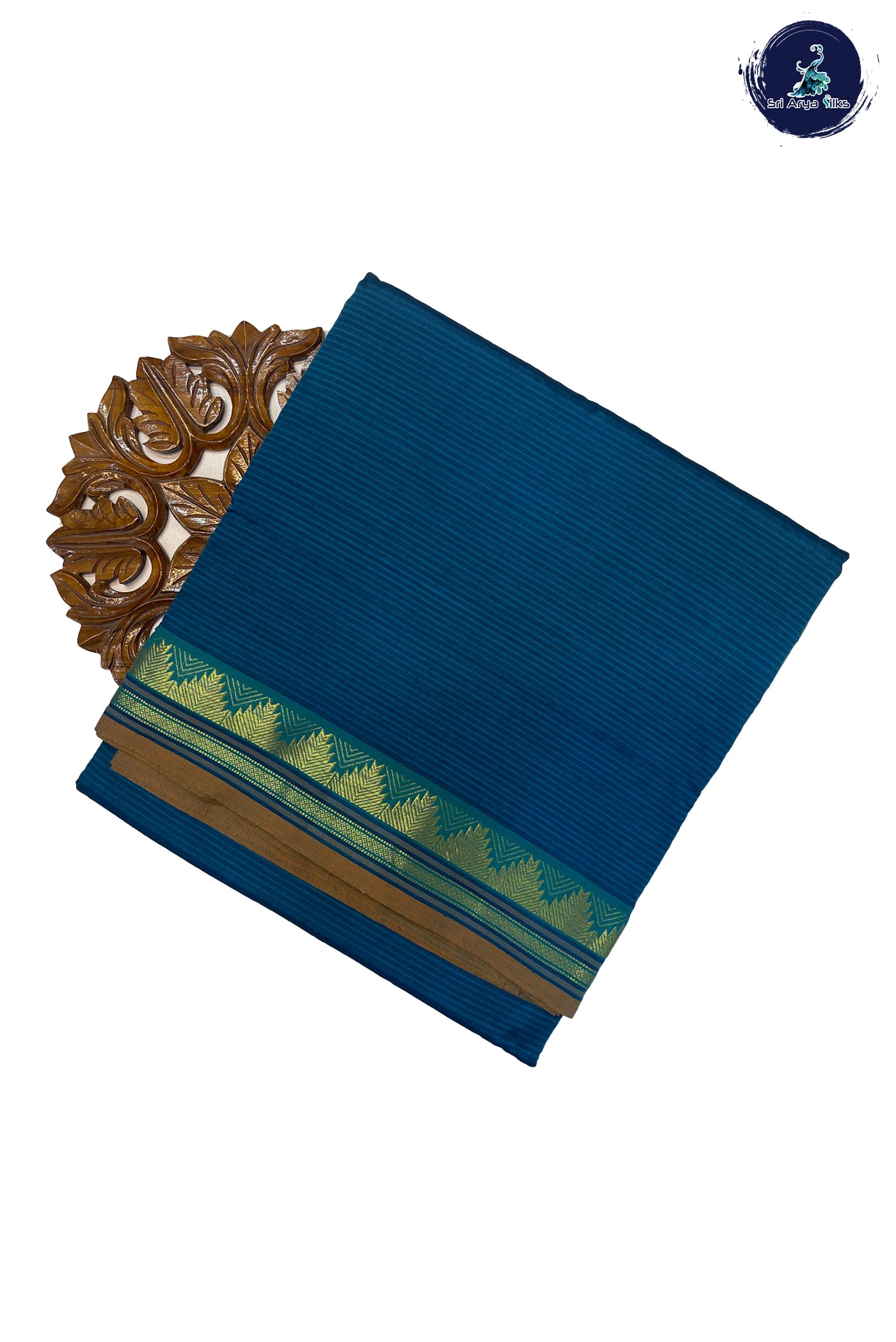 Peacock Blue Madisar Semi Silk Cotton Saree With Stripes Pattern