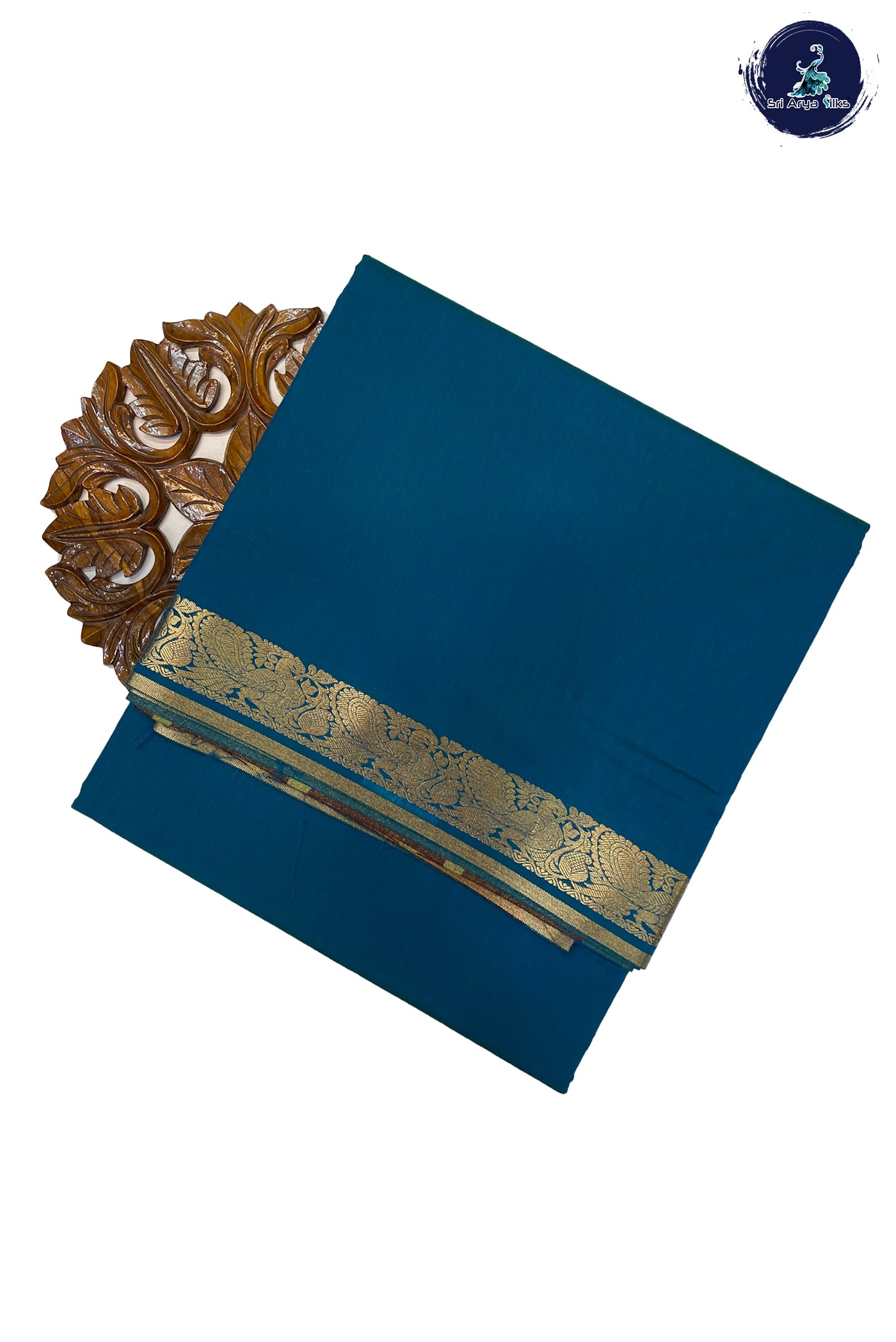 Peacock Blue Madisar Semi Silk Cotton Saree With Plain Pattern