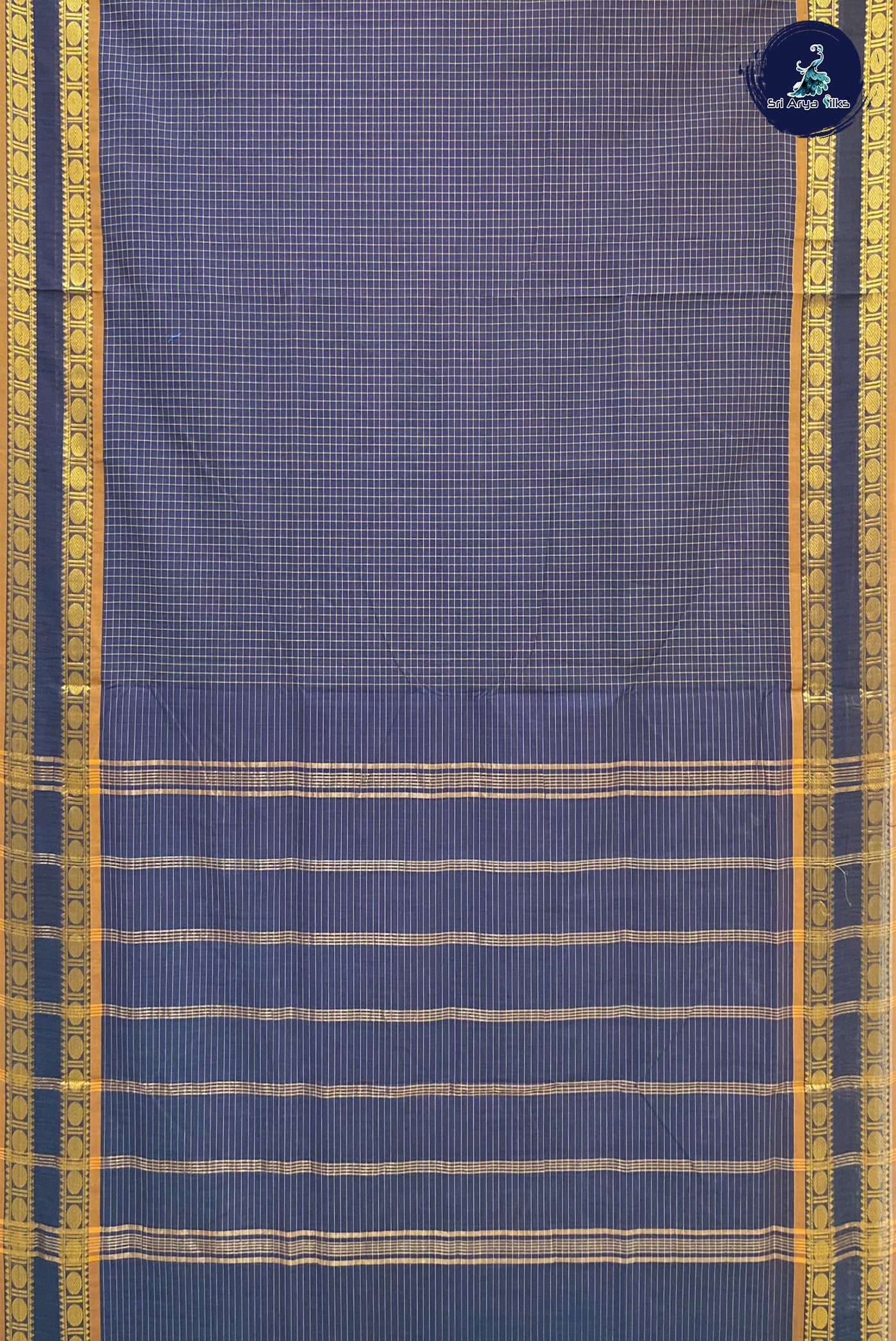 Dark Blue Madisar Cotton Saree With Checked Pattern