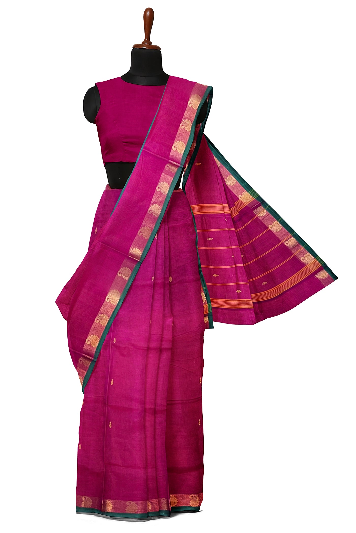 Dark Pink Cotton Saree With Zari Buttas Pattern