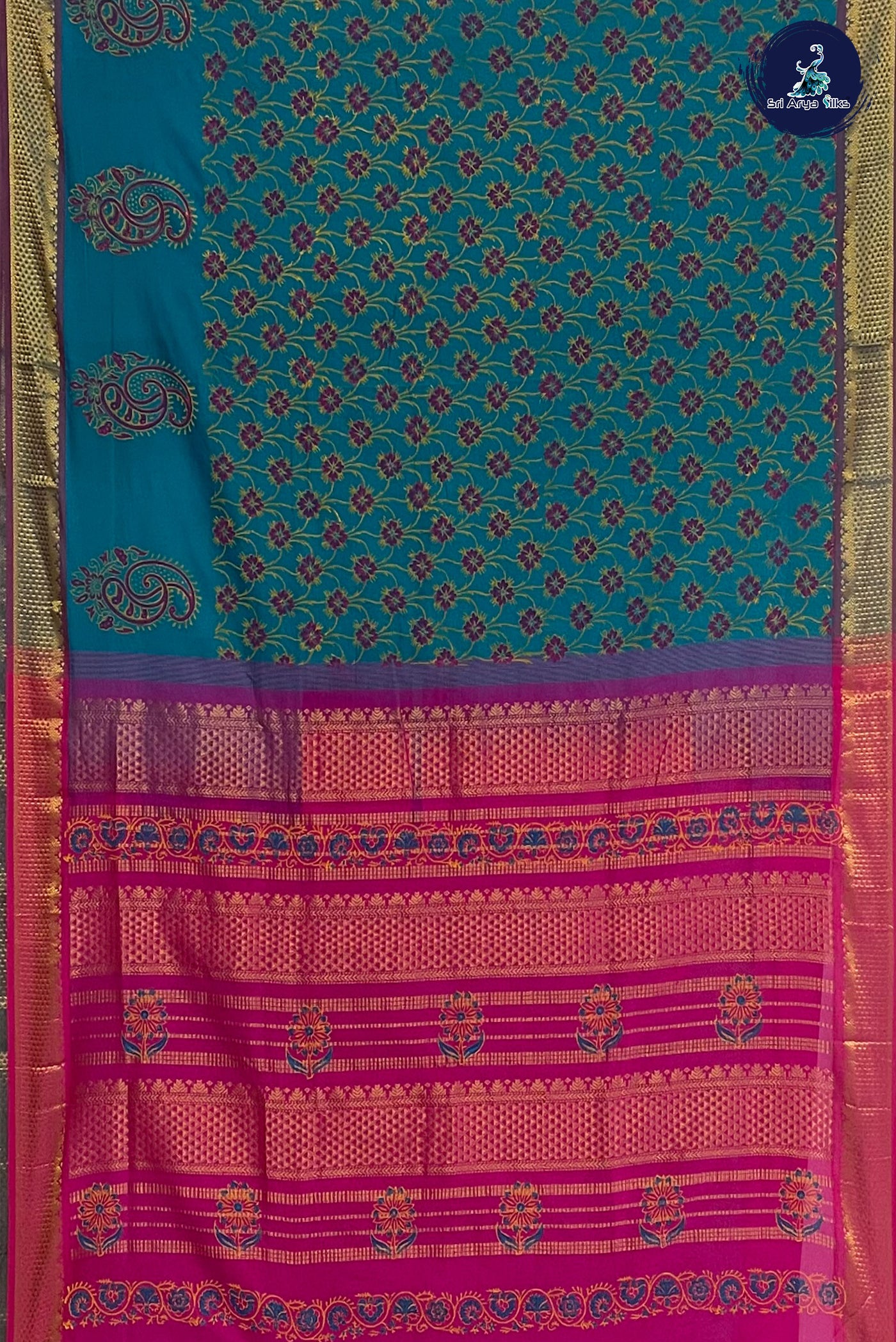 Blue Madisar Semi Silk Cotton Saree With Floral Print Pattern