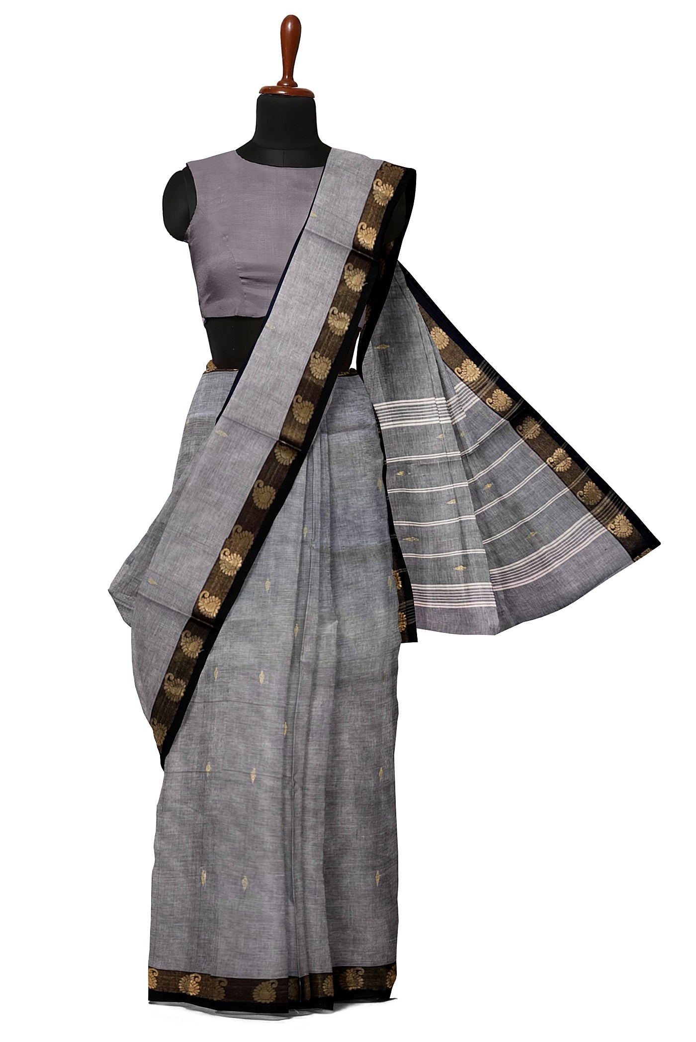 Grey Cotton Saree With Zari Buttas Pattern