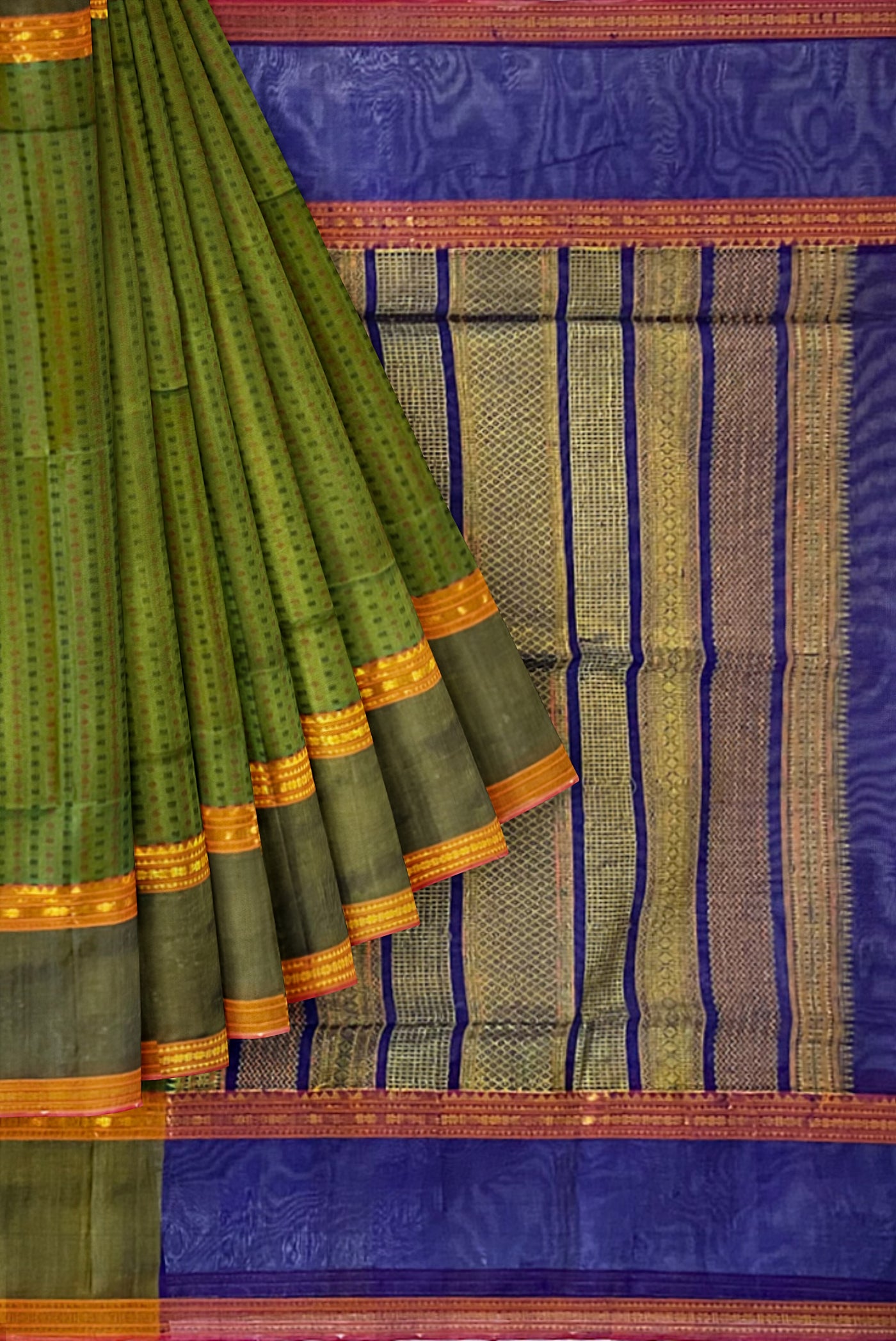 Olive Green Silk Cotton Saree With Meenakari Work Pattern