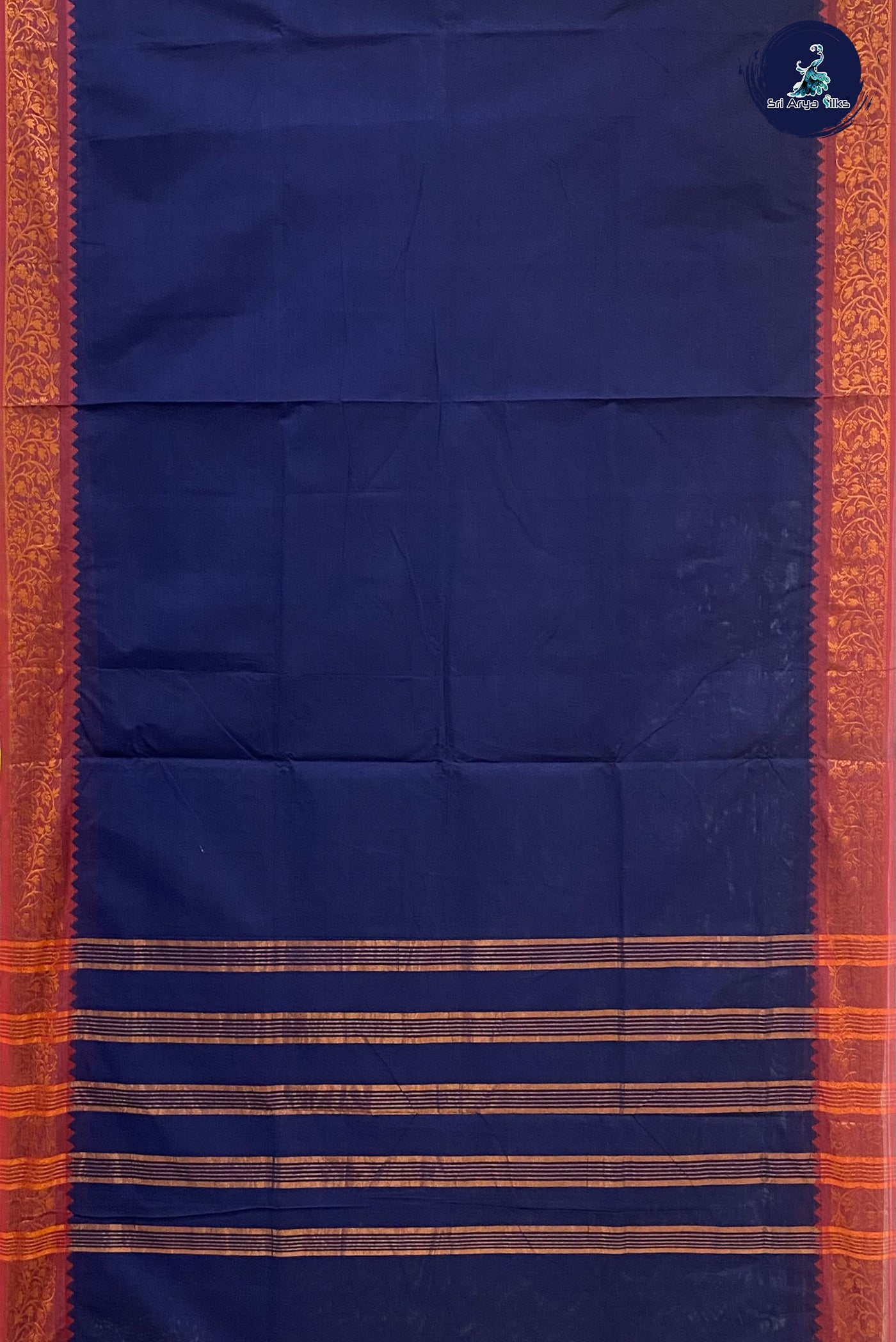 Dark Blue Madisar Cotton Saree With Plain Pattern