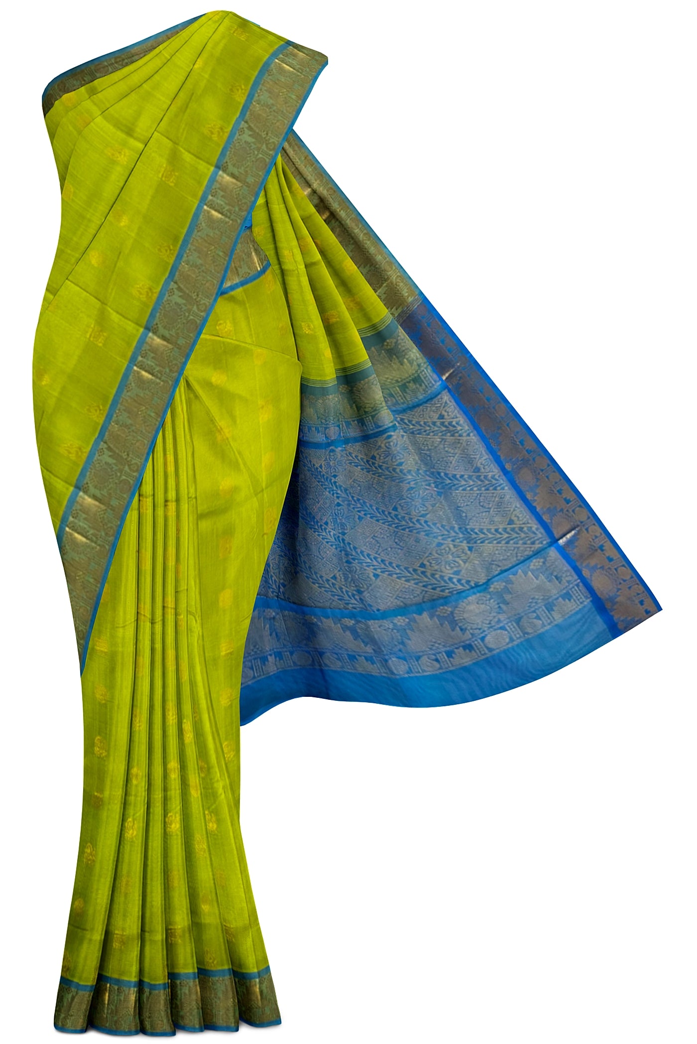 Lime Green Silk Cotton Saree With Zari Buttas Pattern