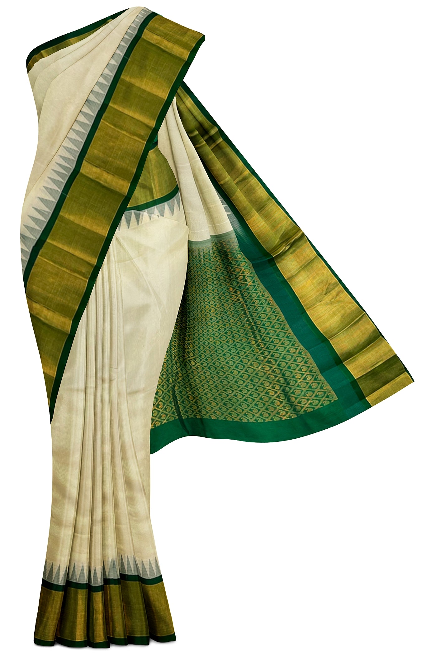 Off White Korvai Silk Cotton Saree With Plain Pattern