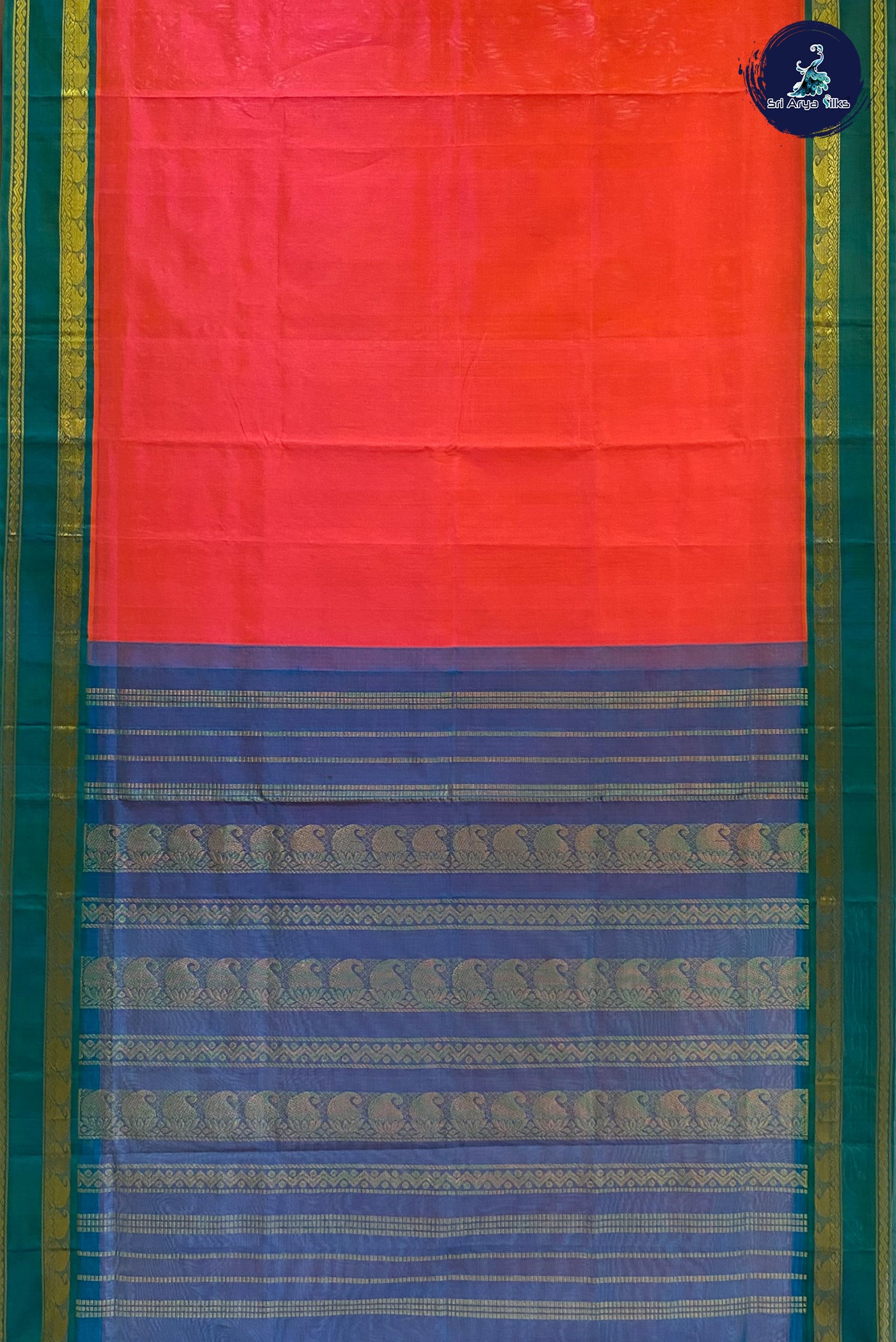 Pinkish Orange Silk Cotton Saree With Plain Pattern